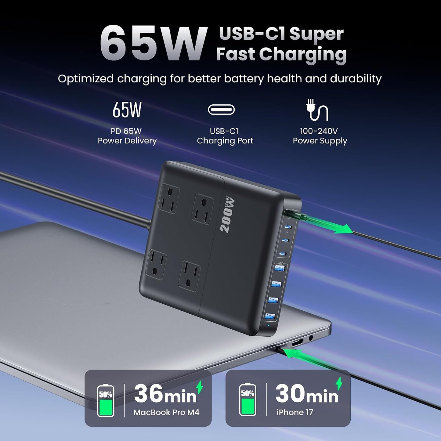 200W Charging Station,12-in-1 USB C Power Strip with Flat Plug and 5ft Extension Cord,4 AC Outlets,4 USB-A,4 USB-C Ports for iPhone 17/16/15,65W PD Fast Laptop Charger for MacBook, Home, Office, Dorm