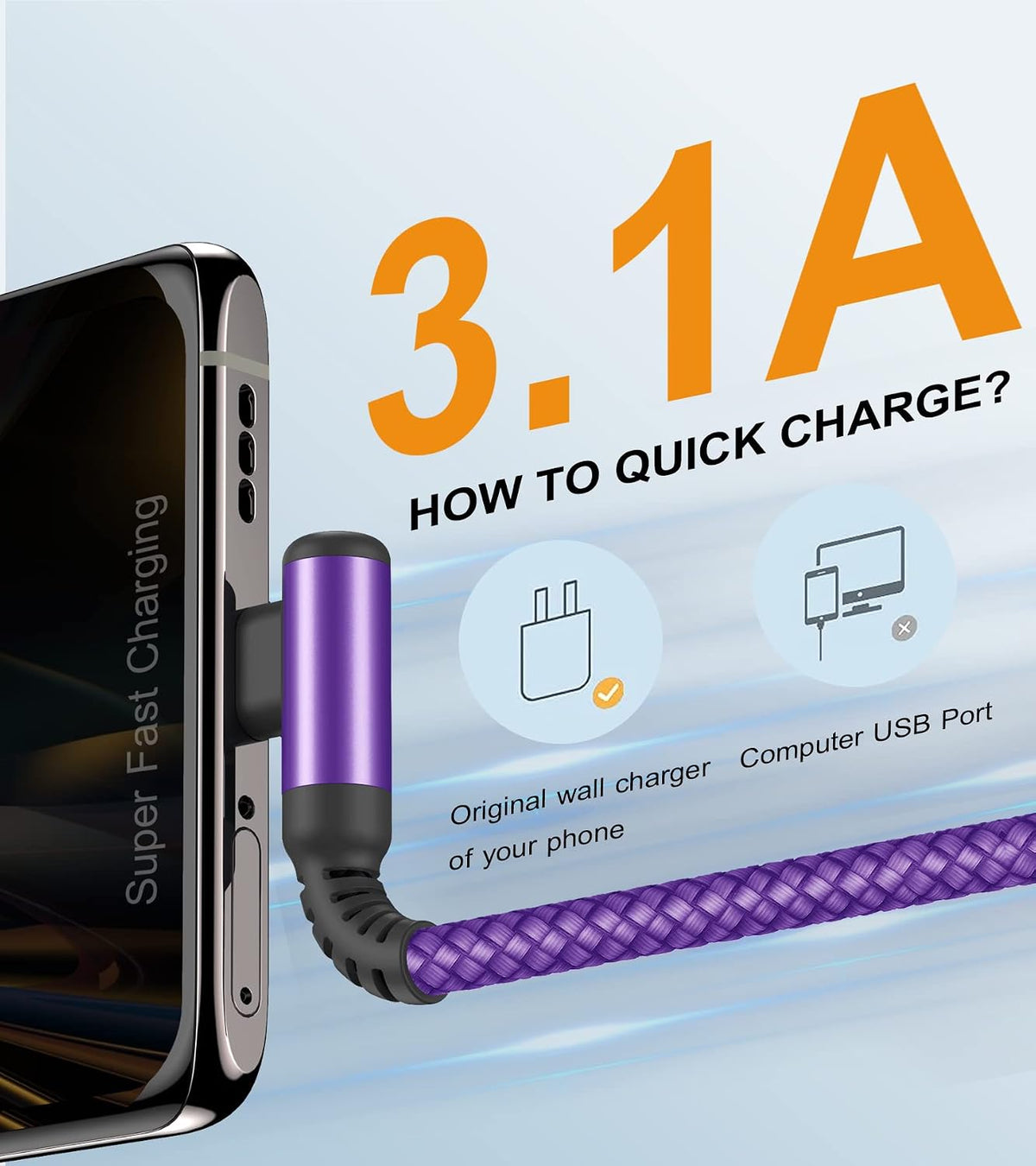 USB to USB C Cable Right Angle 2-Pack 3.3ft 3.1A Fast Charging Carplay Cord