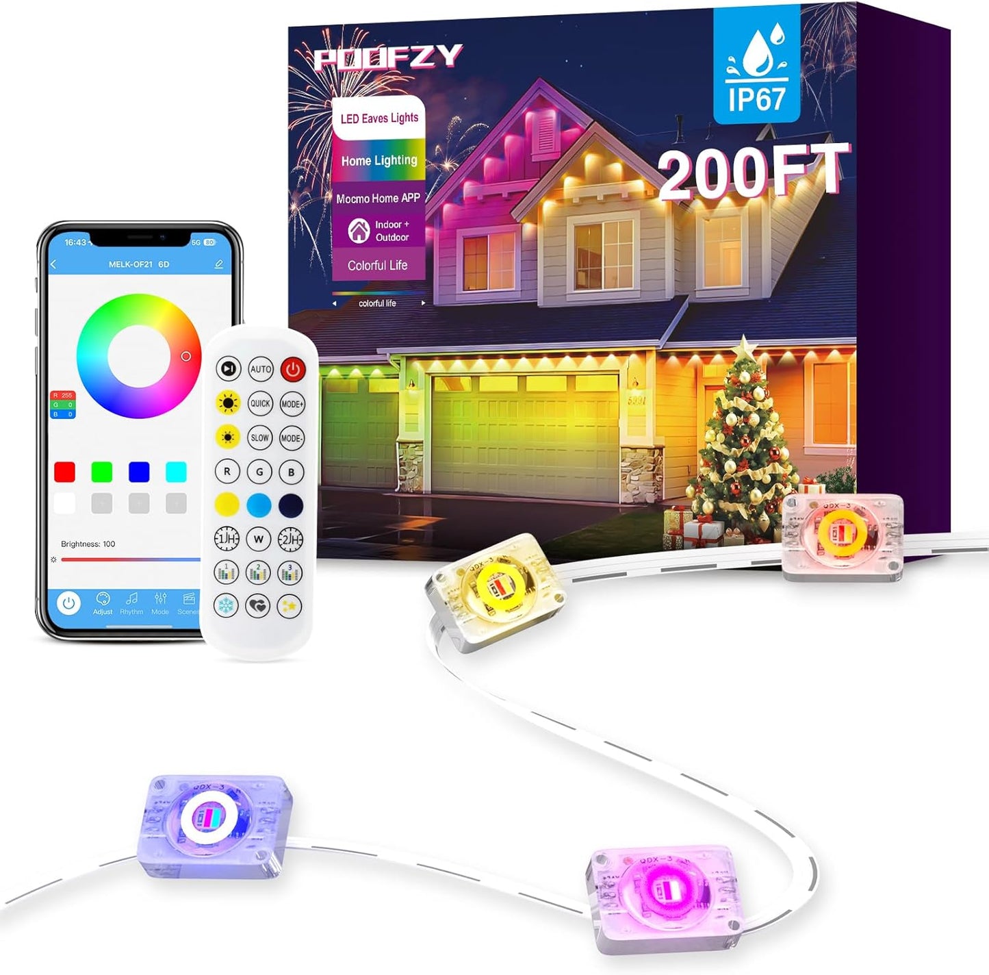 POOFZY 200 ft RGBIC Permanent Outdoor Lights for House, App and Remote