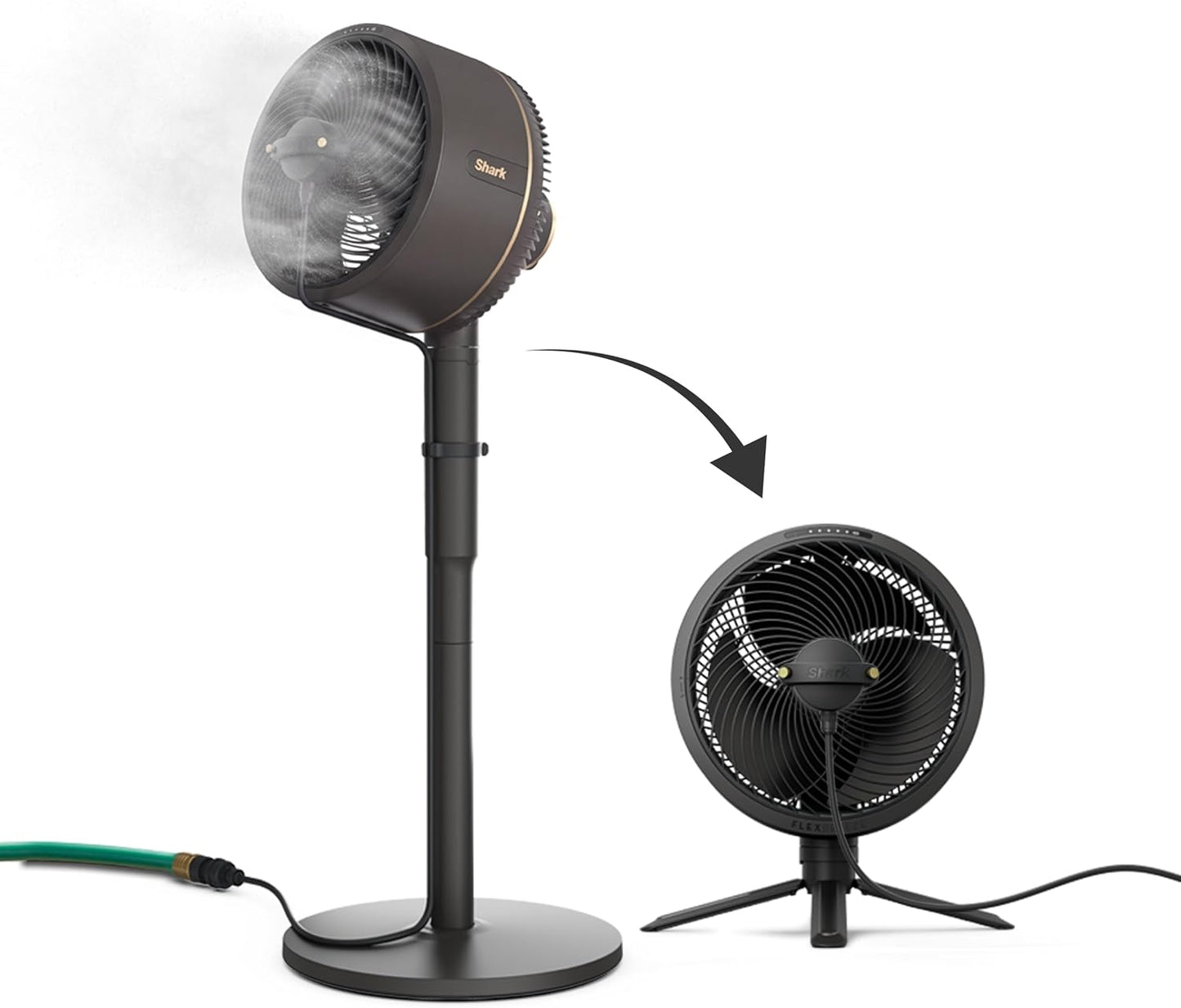 Shark FlexBreeze 2-in-1 Fan with Misting Attachment, Charcoal, FA222 | Corded/Cordless, Pedestal to Tabletop, up to 24-Hr Battery, up to 70 Ft of Power, 5 Speeds, with Outdoor Misting Attachment