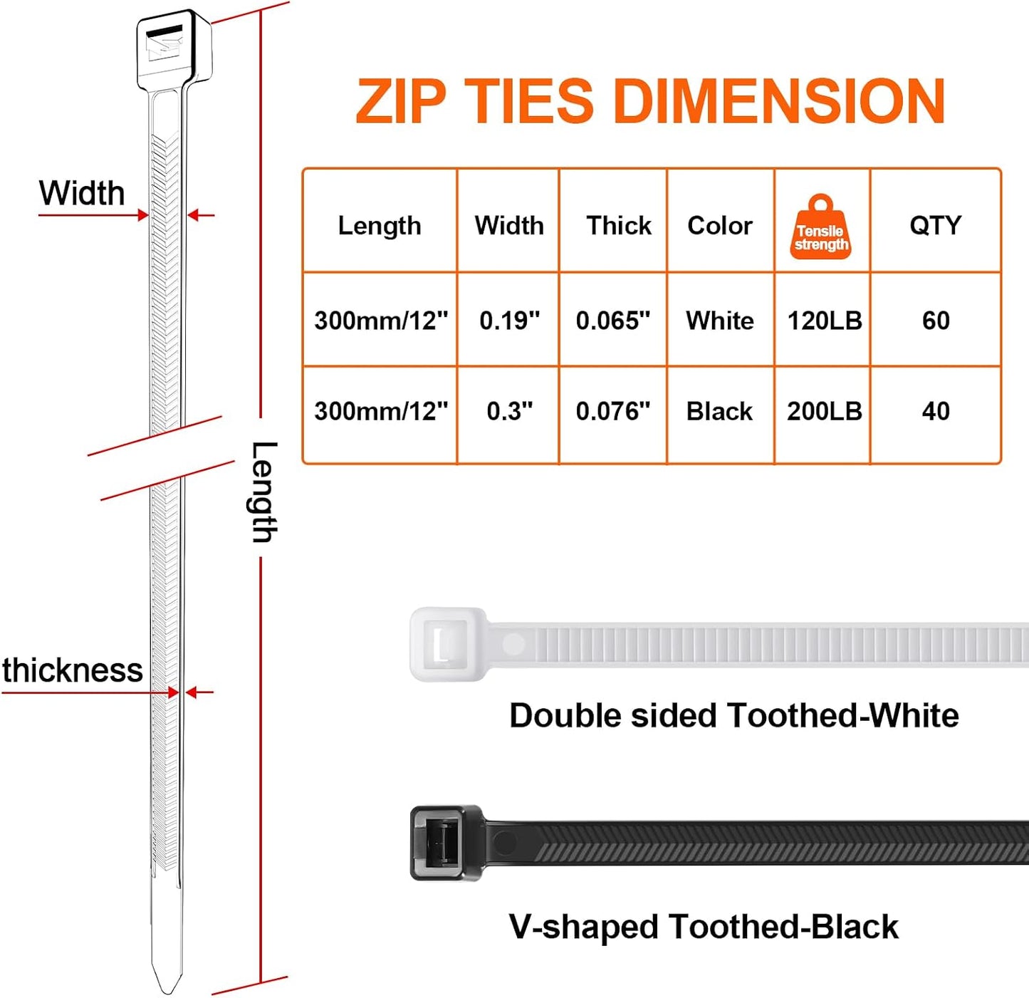 Zip Ties Heavy Duty 12+12 inch,V-Shaped Toothed Double Sided With 200 LBS Tensile Strength Cable Ties ，Extra Large Wire Ties Adjustable Nylon Tie Wraps for Indoor Outdoor Black and White（100 Pack）