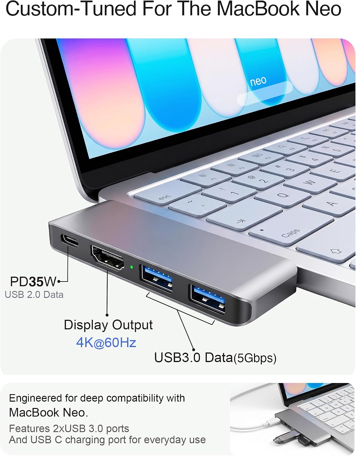 USB-C Hub for MacBook Neo/Pro/Air, MacBook Dock with 4k60Hz,1Type c 2USB3.0