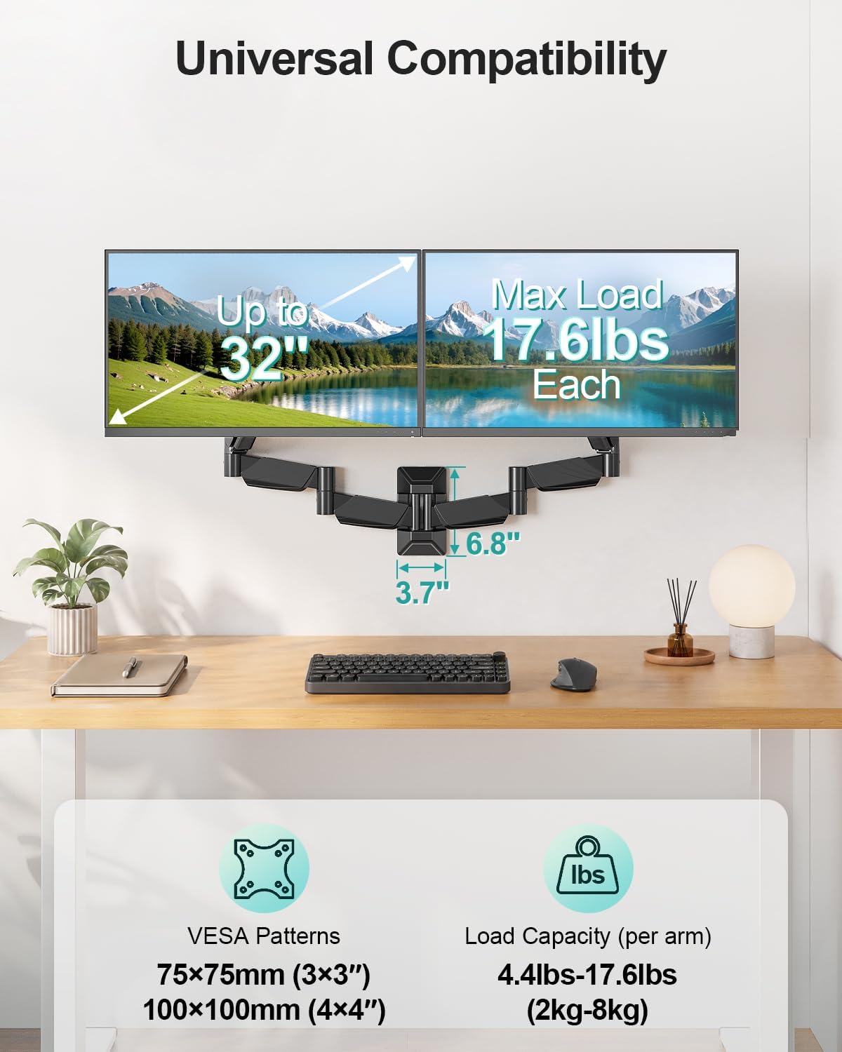 MOUNT PRO Long Arm Dual Monitor Wall Mount for Max 32" Screens, Max 17.6lbs