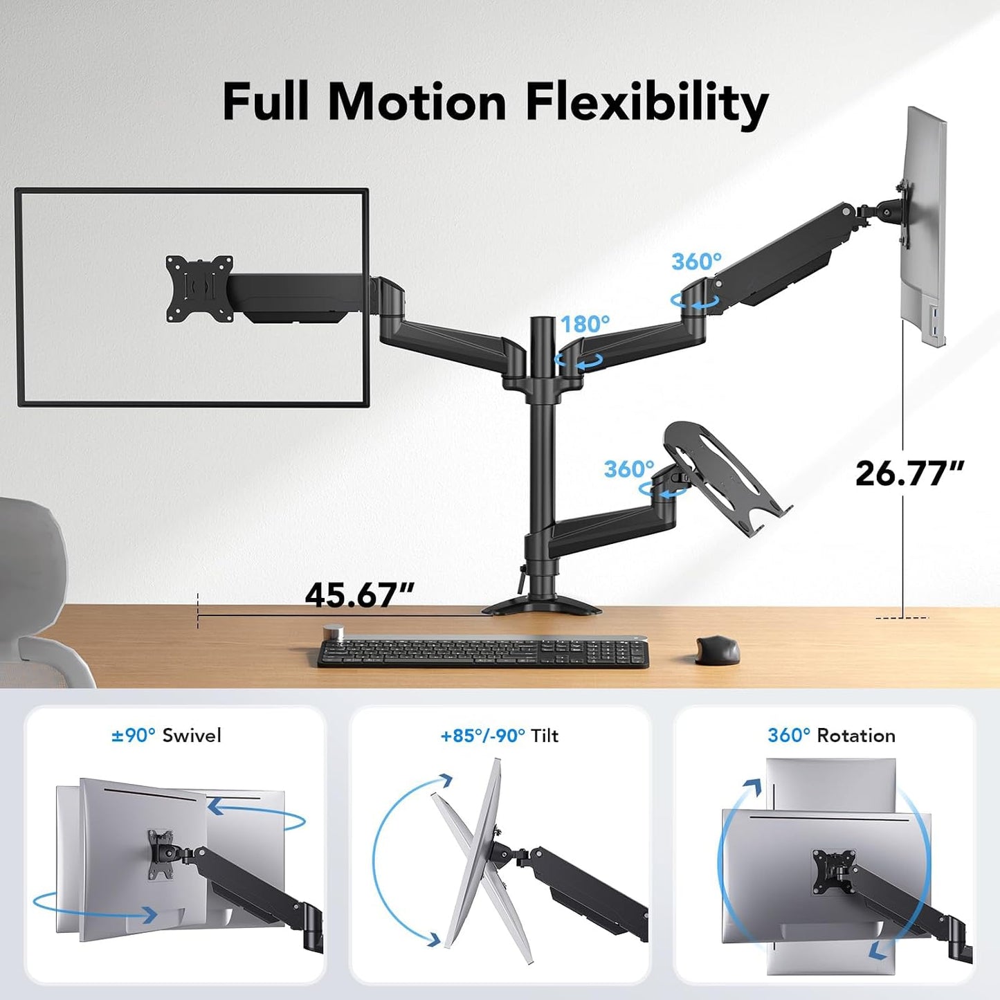 HUANUO Dual Monitor and Laptop Mount for Max 32” Monitor and 17” Laptop, Adjustable Arm with Tilt, Swivel and Rotation, Dual Monitor and Notebook Stand with VESA Bracket 75/100 mm