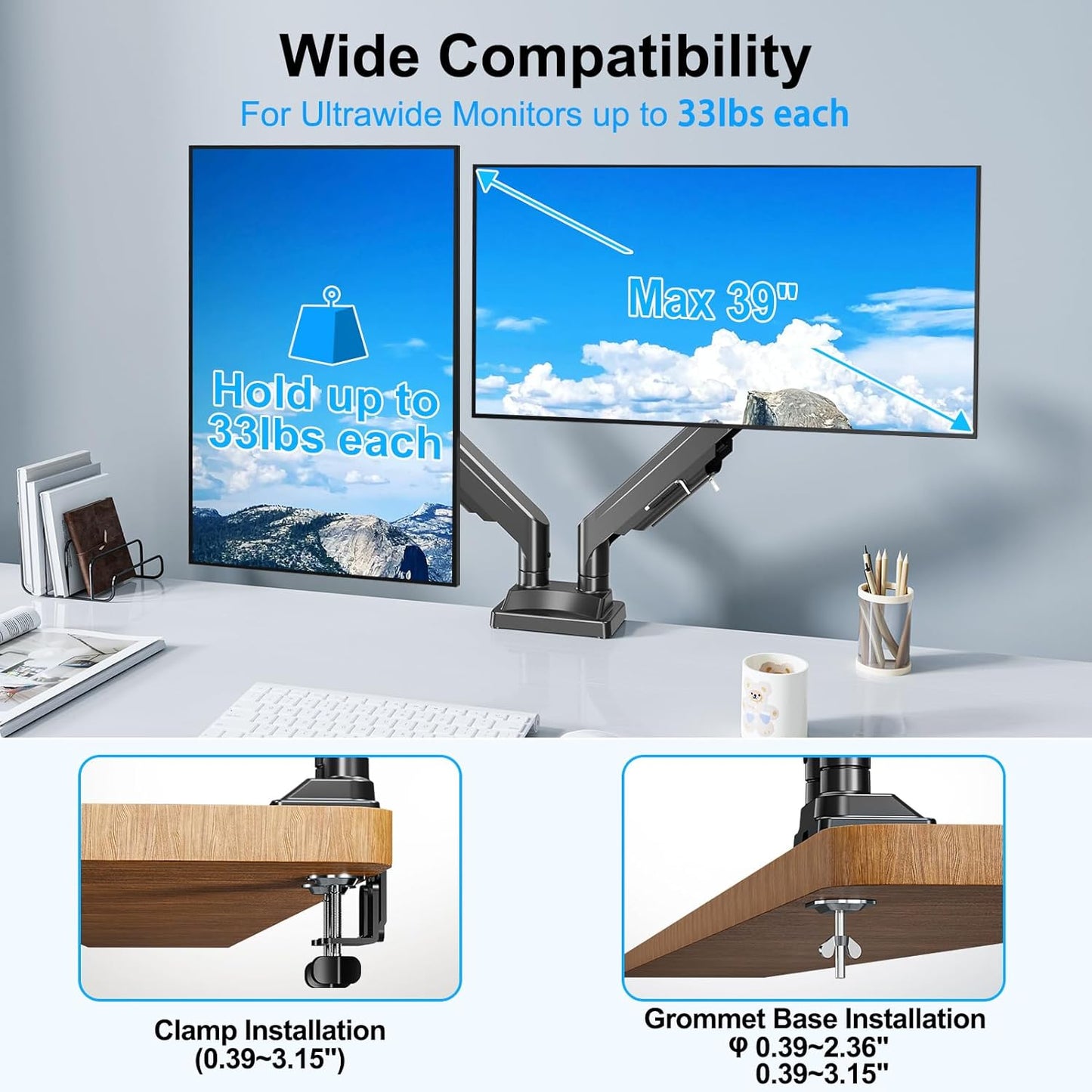 Dual Monitor Mount for Screens up to 43", Heavy Duty Monitor Arm | Ultrawide Desk Mount Holds 2.2-33lbs Each, Premium Gas Spring Adjustable Computer Monitor Arm for 2 Monitors, VESA Mount