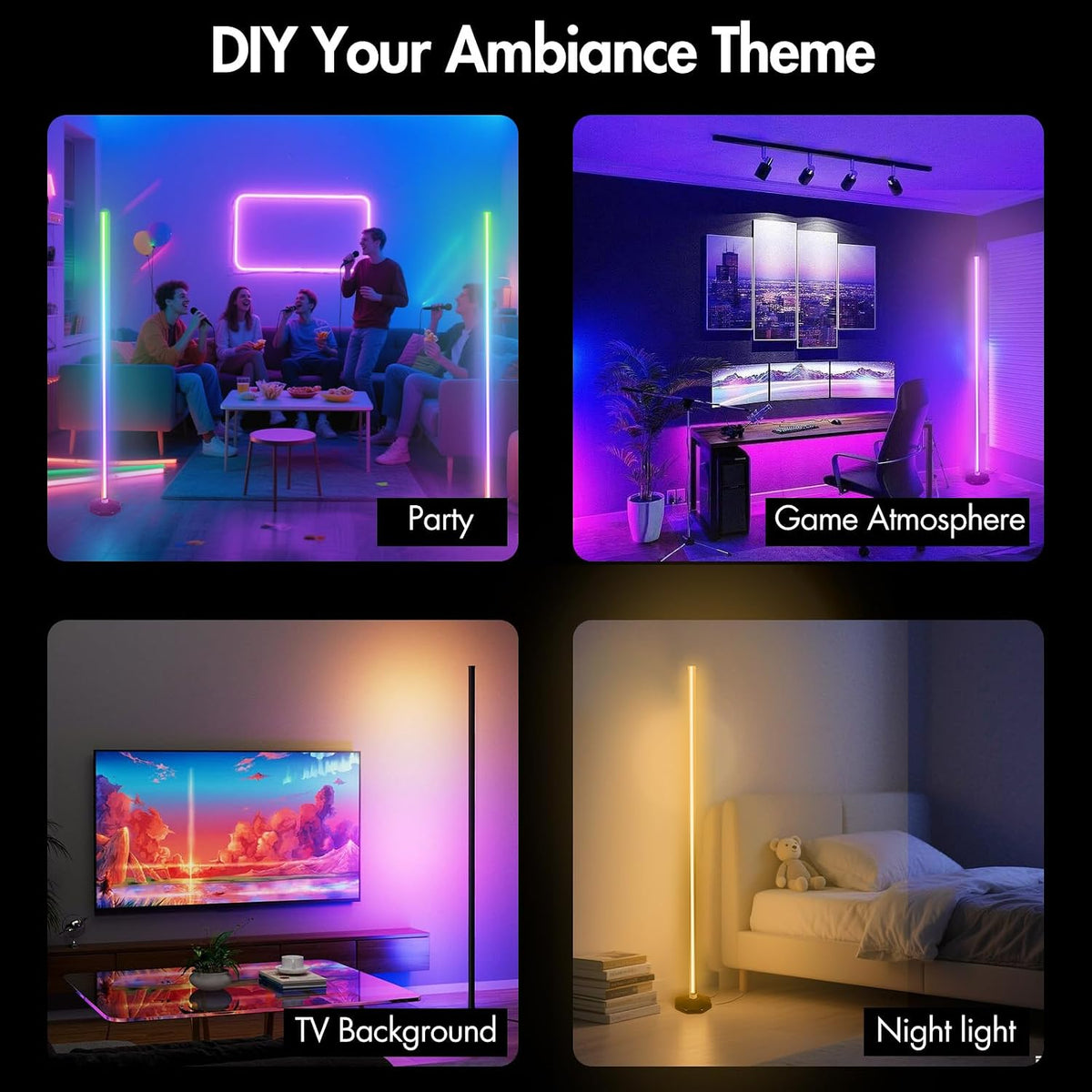 LED RGB Corner Lamp - Smart RGB LED Corner Floor Lamp Adjustable Height with 16 Millon RGBWIC Color Changing Lights 300+ Scene,Music Sync&Timer,Ambient Lighting for Living Room,Bedroom,Game Room