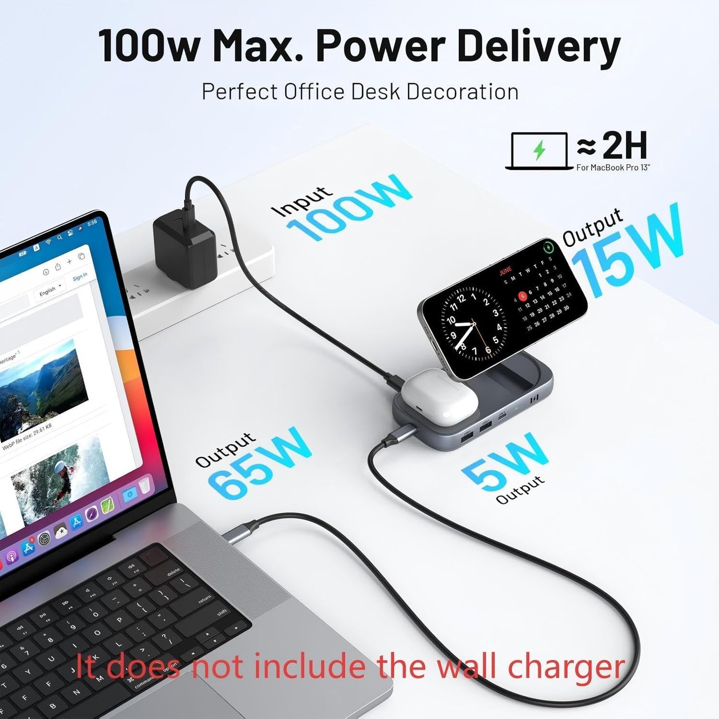 Selore USB C Hub with Wireless Charging for MacBook: 4K@60Hz HDMI, 100W PD, 15W Qi2 + 5W Wireless, 10Gbps Ports, iPhone Mirroring Docking Station & Magsafe Stand, Space-Saving Desk Organizer