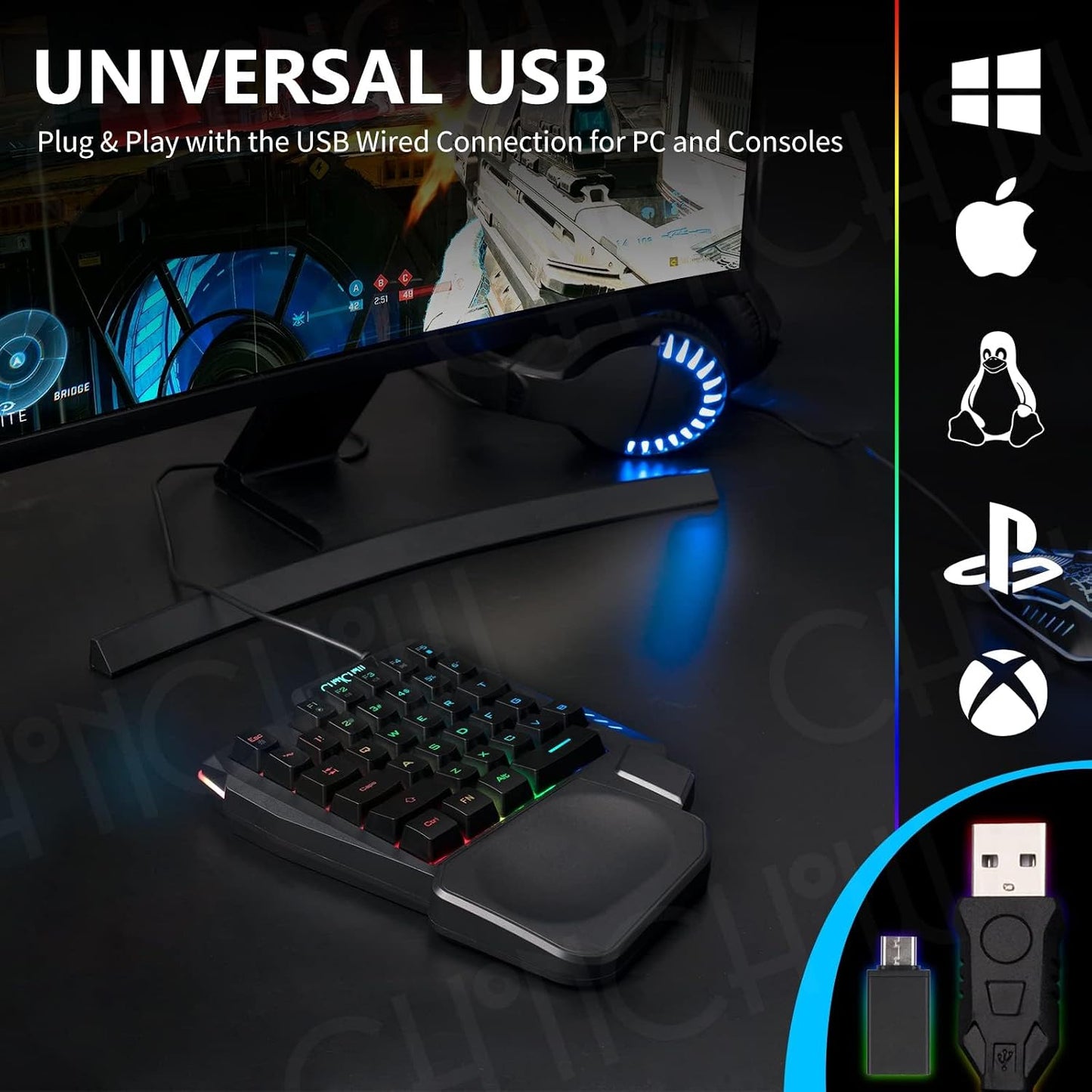CHONCHOW One Handed Gaming Keyboard, 35 Keys, Rainbow LED, Wired USB, Ergonomic with Wrist Rest, Mini Portable, PS4/PS5/Xbox/PC/Laptop Compatible