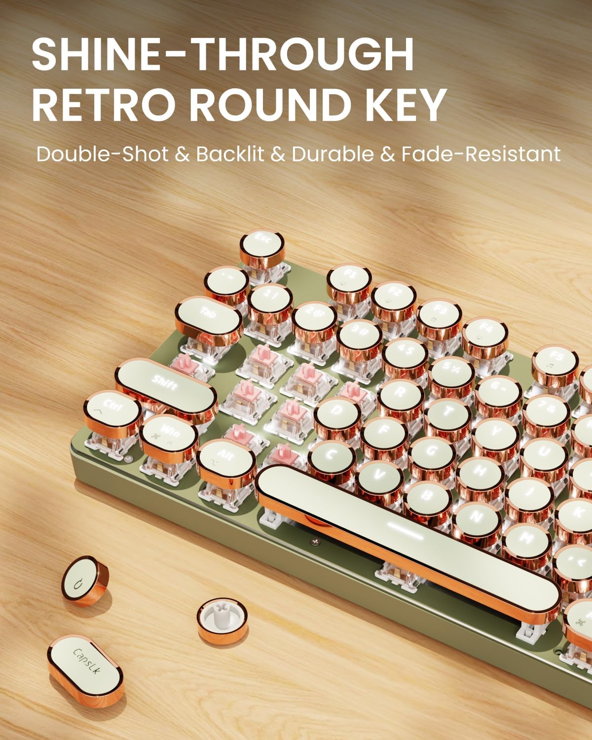 EWEADN Wired Typewriter Mechanical Keyboard, Low Noise Retro Punk Keyboard with Media Knob, White Backlit, Metal Panel, 104-Key Round Keycaps Gaming Keyboard for Windows PC, Pink Switch, Green