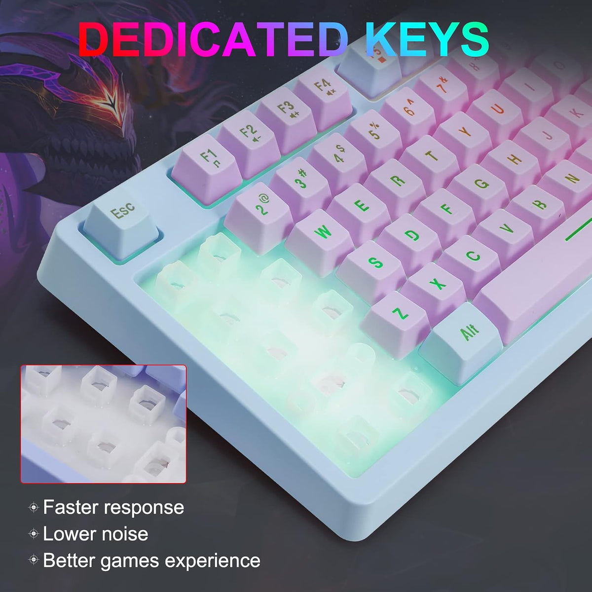HUO JI Wired Gaming Keyboard with Rainbow LED Backlit, Purple Blue | Floating Keys, Mechanical Feeling, Spill Resistant, USB Ergonomic for Xbox, PS Series, Desktop, Computer, PC