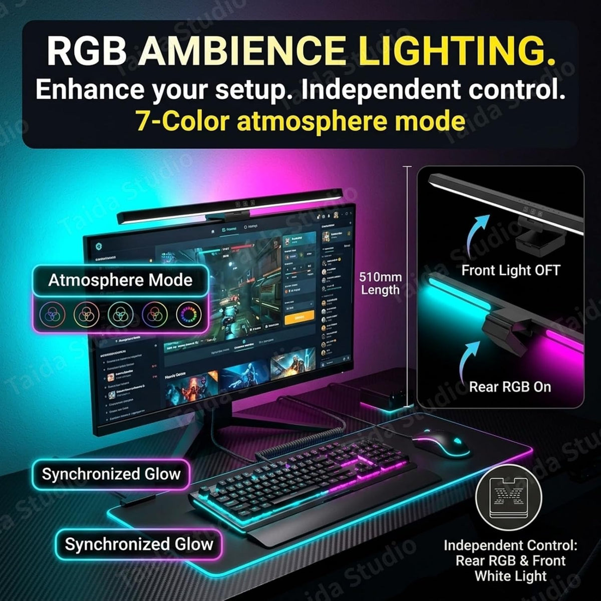 Monitor Light Bar Dimmable LED Lamp with Touch Control, New 51cm RGB Glow