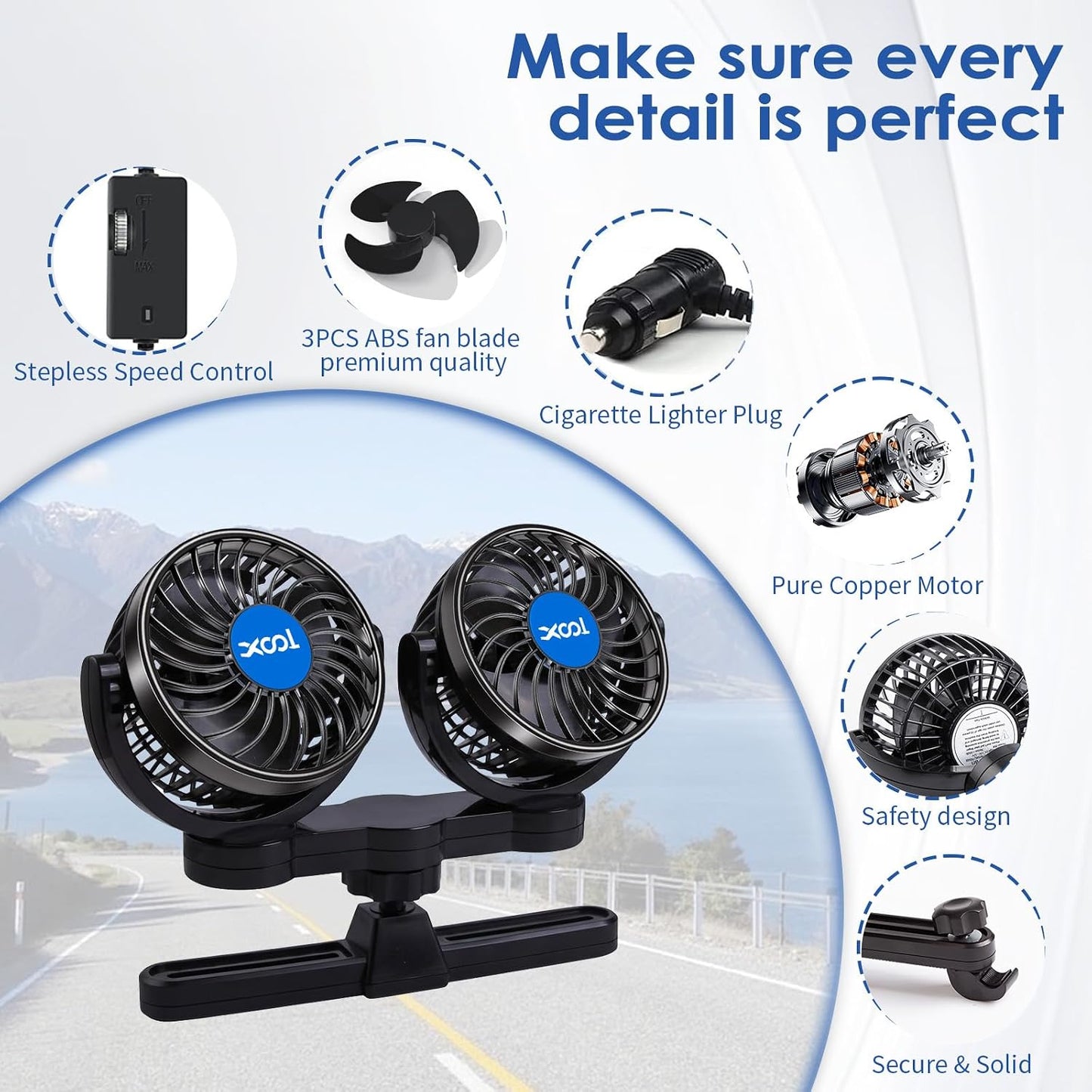 XOOL Electric Car Fans for Rear Seat Passenger Portable Fans Headrest 360 Degree Rotatable Backseat Car Fan 12V Cooling Air Fan with Stepless Speed Regulation for Vehicles, SUV, RV