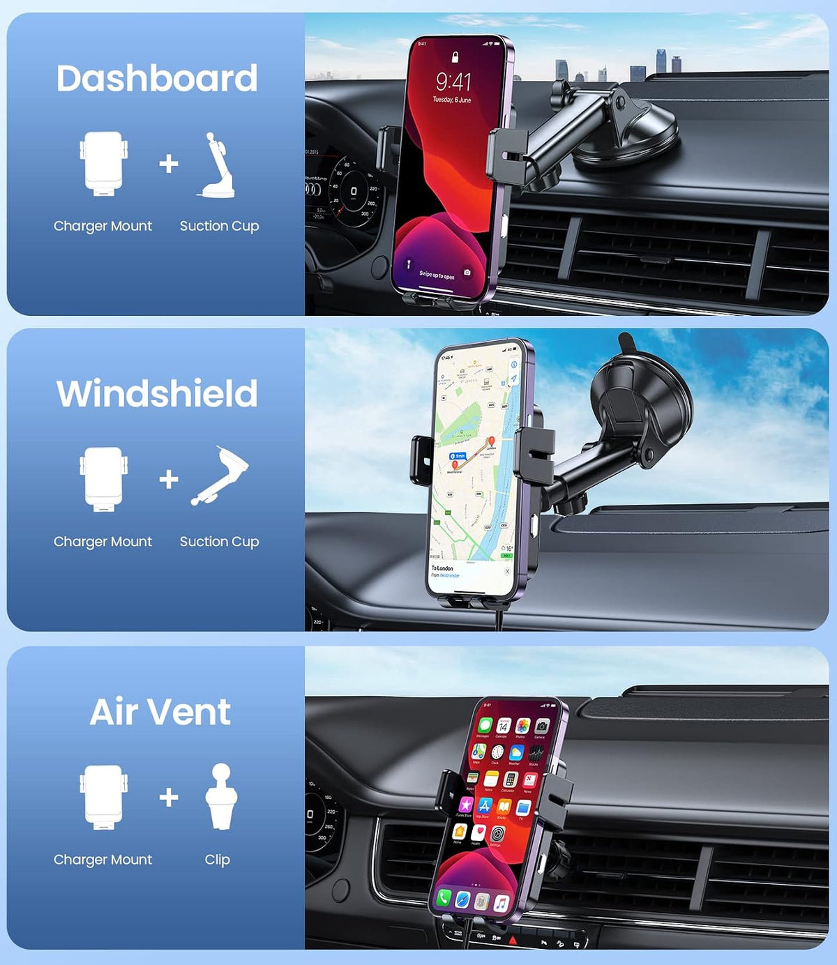 Wireless Car Charger 15W Fast Charging Dash Windshield Vent Car Mount | Auto-Clamping Universal Hands-Free Car Charger Compatible with iPhone 17/16 15/14/13/12, Samsung S24 S23/S22/S21,etc