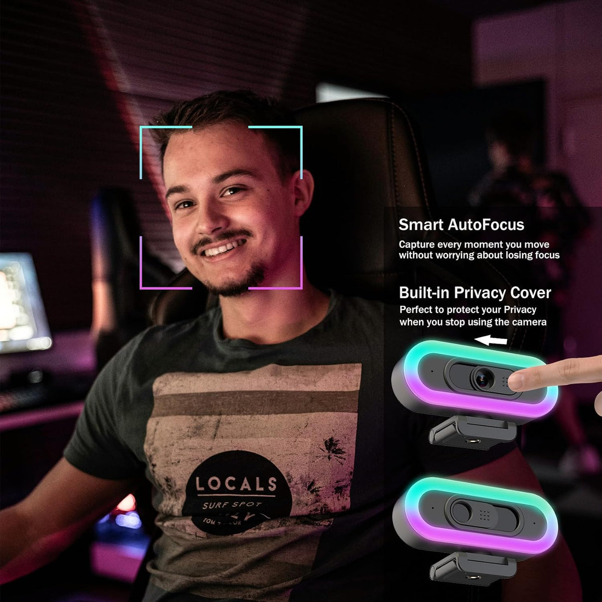 2K Webcam for PC with Microphone/Ring Light,USB C Computer Camera