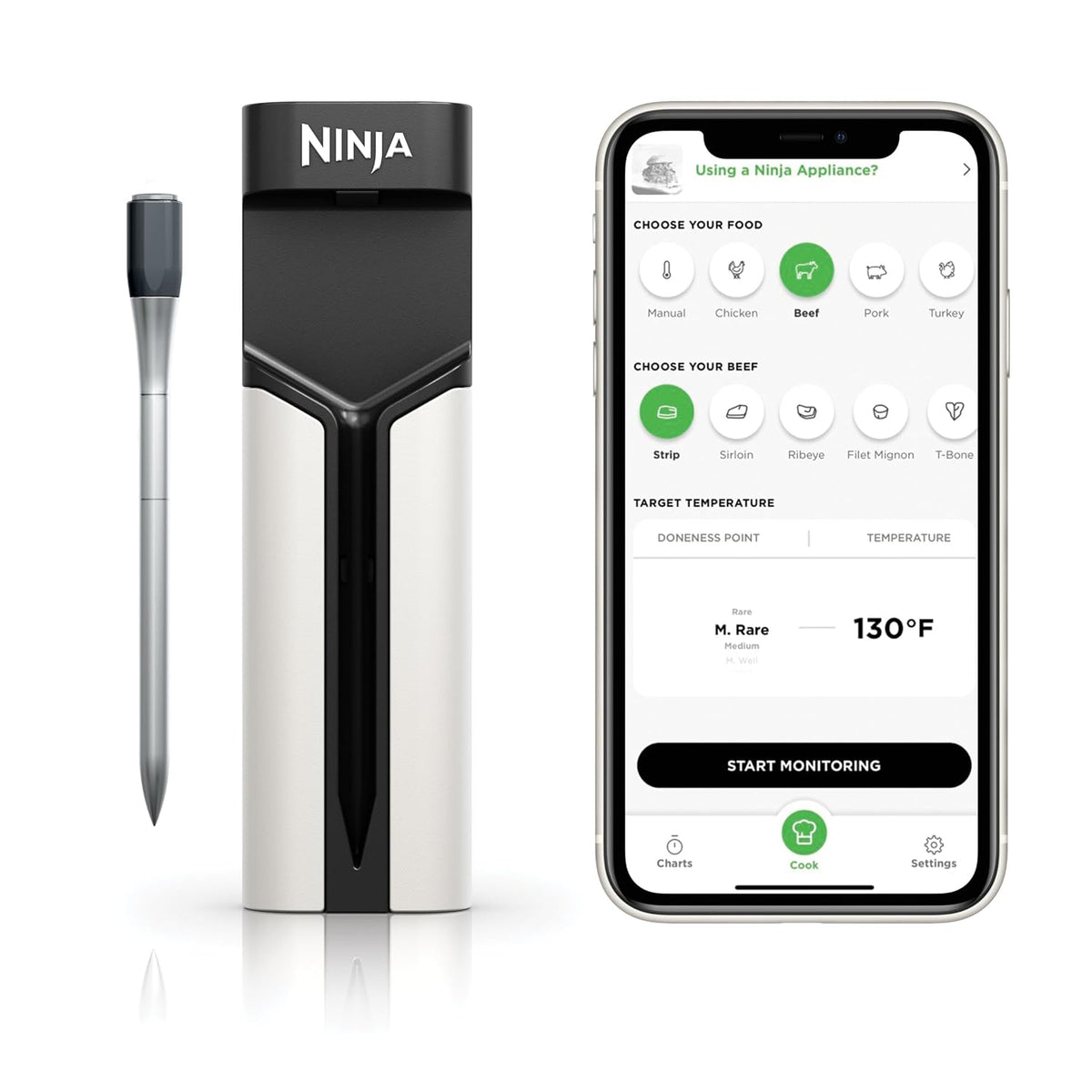 Ninja Meat Thermometer ProChef Wireless Probe for Indoor & Outdoor Air Fryer, Grill, Cooking, Smoker, Oven, Roaster, Long Range Bluetooth App Connection, Flareup Resistant, Waterproof, US Only, WP100