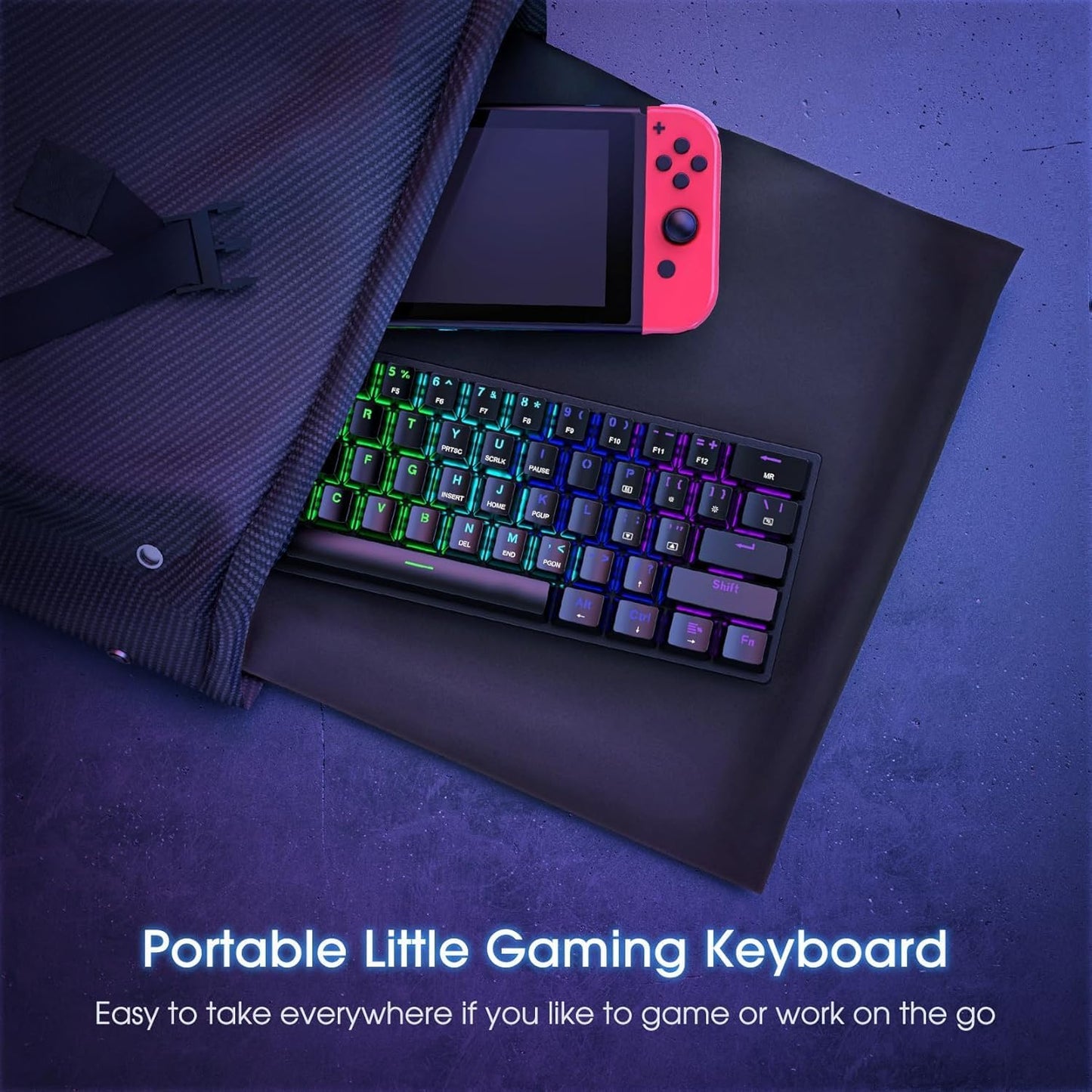 60% Wired Mechanical Gaming Keyboard with Blue Switches, LED Backlit | 61 Keys Ultra-Compact Mini Portable Office Keyboard for PC/Mac/Xbox, 18 LED Backlight, Easy to Carry On Trip, Black