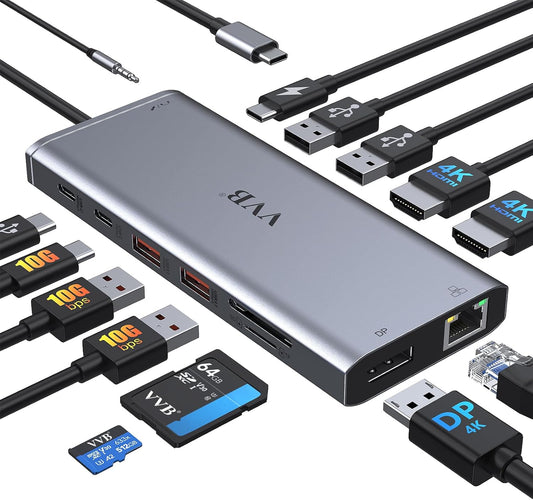 USB C Laptop Docking Station Dual Monitor HDMI USB C Hub Multiport Adapter | USB C Dongle Dock 14 in 1 USB C to 2 HDMI 4K+DisplayPort+Ethernet+4USB+2USB C+100W PD Charger+SD/TF for Dell/Lenovo/HP Laptop