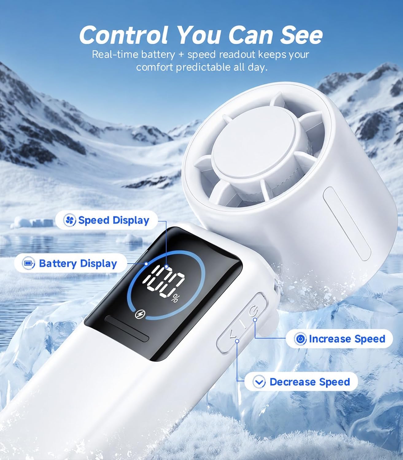 Turbo Portable Handheld Fan, 15000mAh Rechargeable Personal Fan for Travel | 15m/s Foldable Neck Fan with 100 Speeds, Up to 50H Runtime, Built-in USB-C Output and Display for Concerts and Outdoors