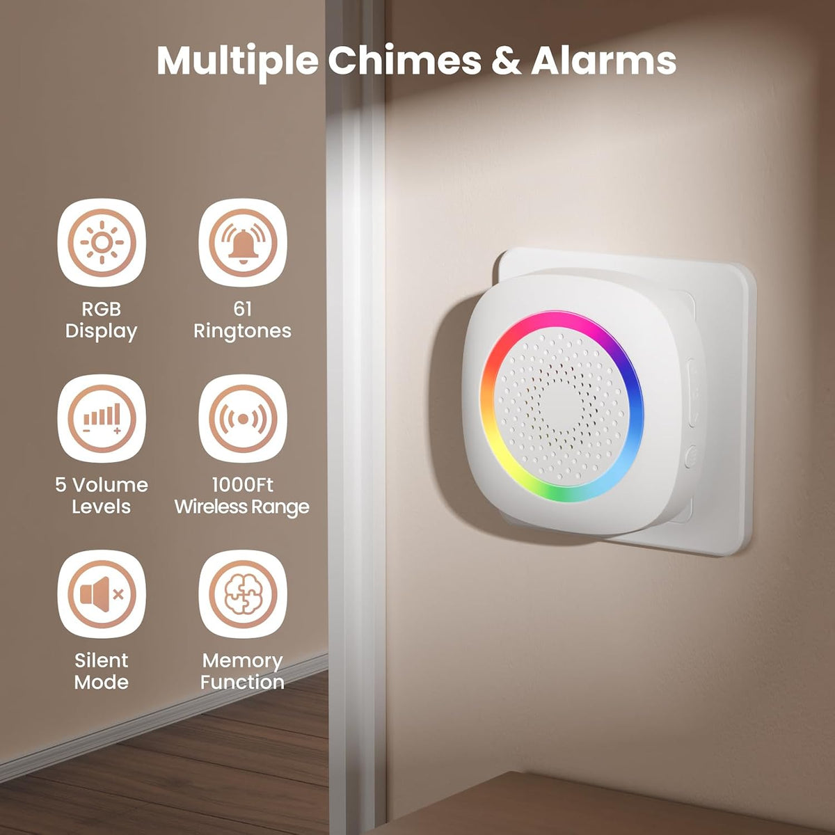 TECKNET Wireless Motion Sensor Door Chime, Fast Detection PIR Entry Alert(5S Interval Alarm) with 61 Chimes, 5 Volume Levels, RGB Light Indicator, Easy Install for Business, Home, Elderly, Visitors