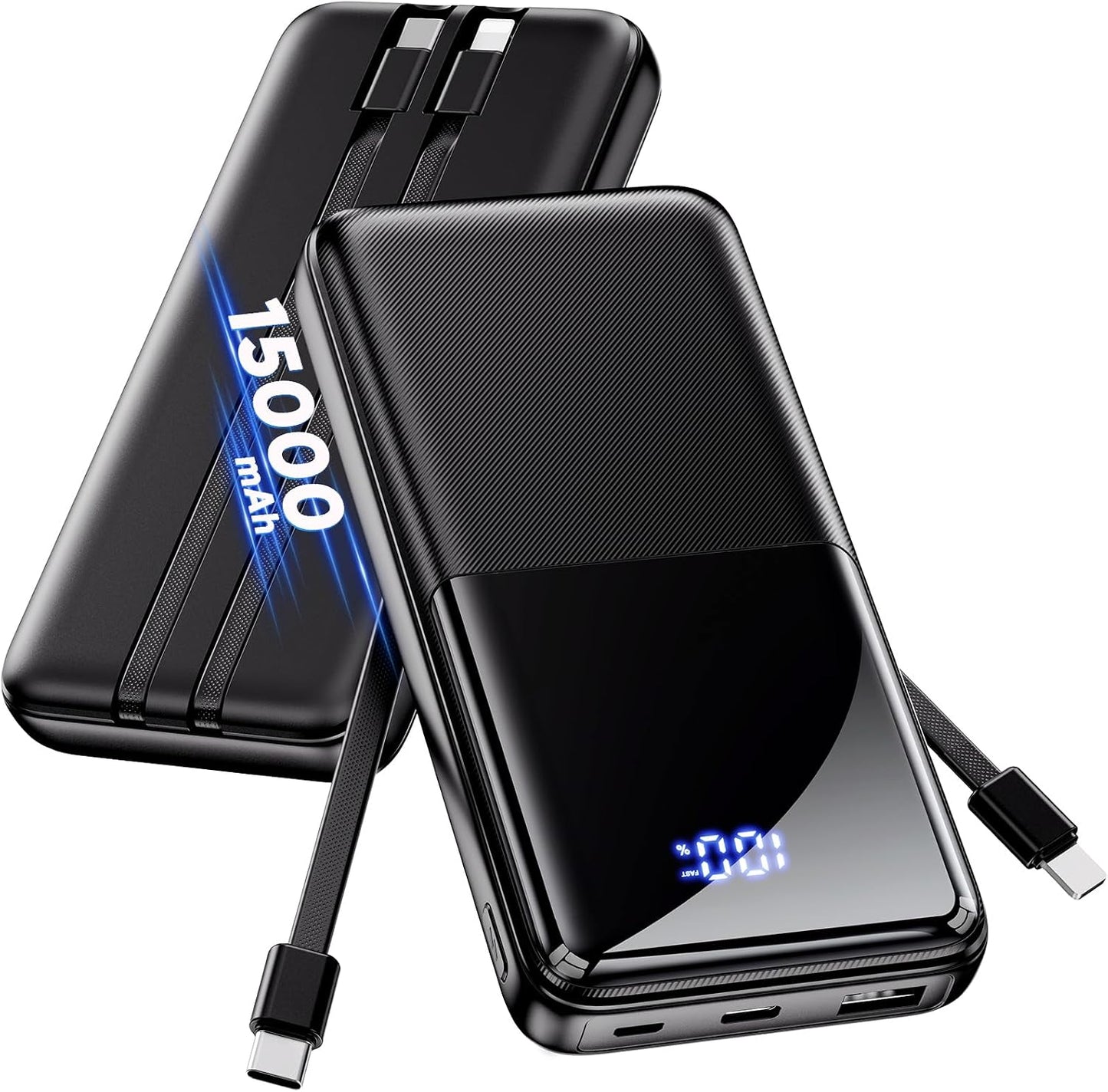 CFIAI Portable Charger 15000mAh Slim Power Bank with Built in Cables | 22.5W Fast Charge, Travel Essential, 50% Larger Capacity USB C Battery Pack for iPhone Samsung Google Android, Black