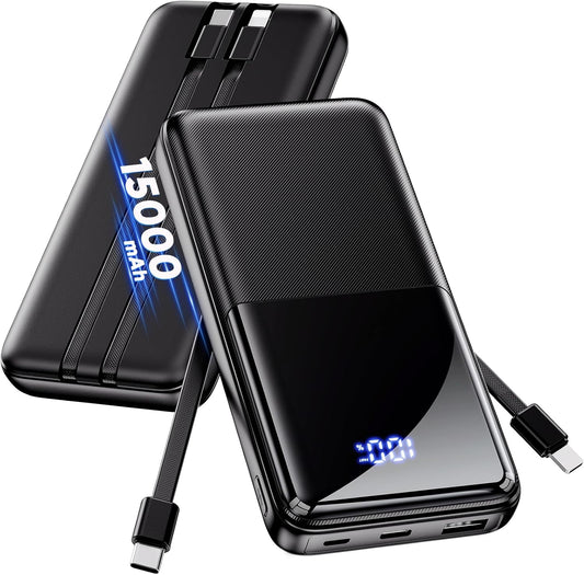 CFIAI Portable Charger 15000mAh Slim Power Bank with Built in Cables | 22.5W Fast Charge, Travel Essential, 50% Larger Capacity USB C Battery Pack for iPhone Samsung Google Android, Black
