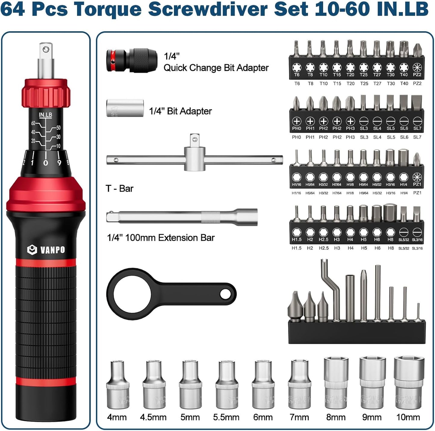 VANPO Torque Screwdriver, 10–60 in-lb, 64 Pieces, Click Style for Gunsmith | 1/4" Drive Torque Wrench Screwdriver Set with S2 Bits, Sockets and Storage Case for Electronics, Bike & Home DIY