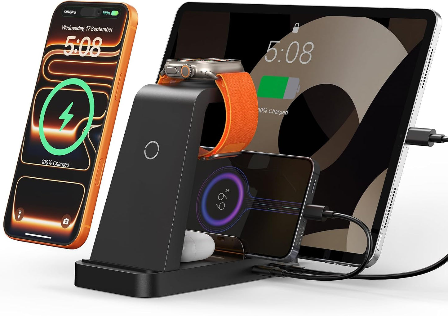 Wireless Charger for iPhone - 5 in 1 Charging Station for Multiple Devices Apple: Fast Wireless Charging Stand Dock for iPhone 17 16e 16 15 14 13 12 Pro Max Apple Watch Airpods