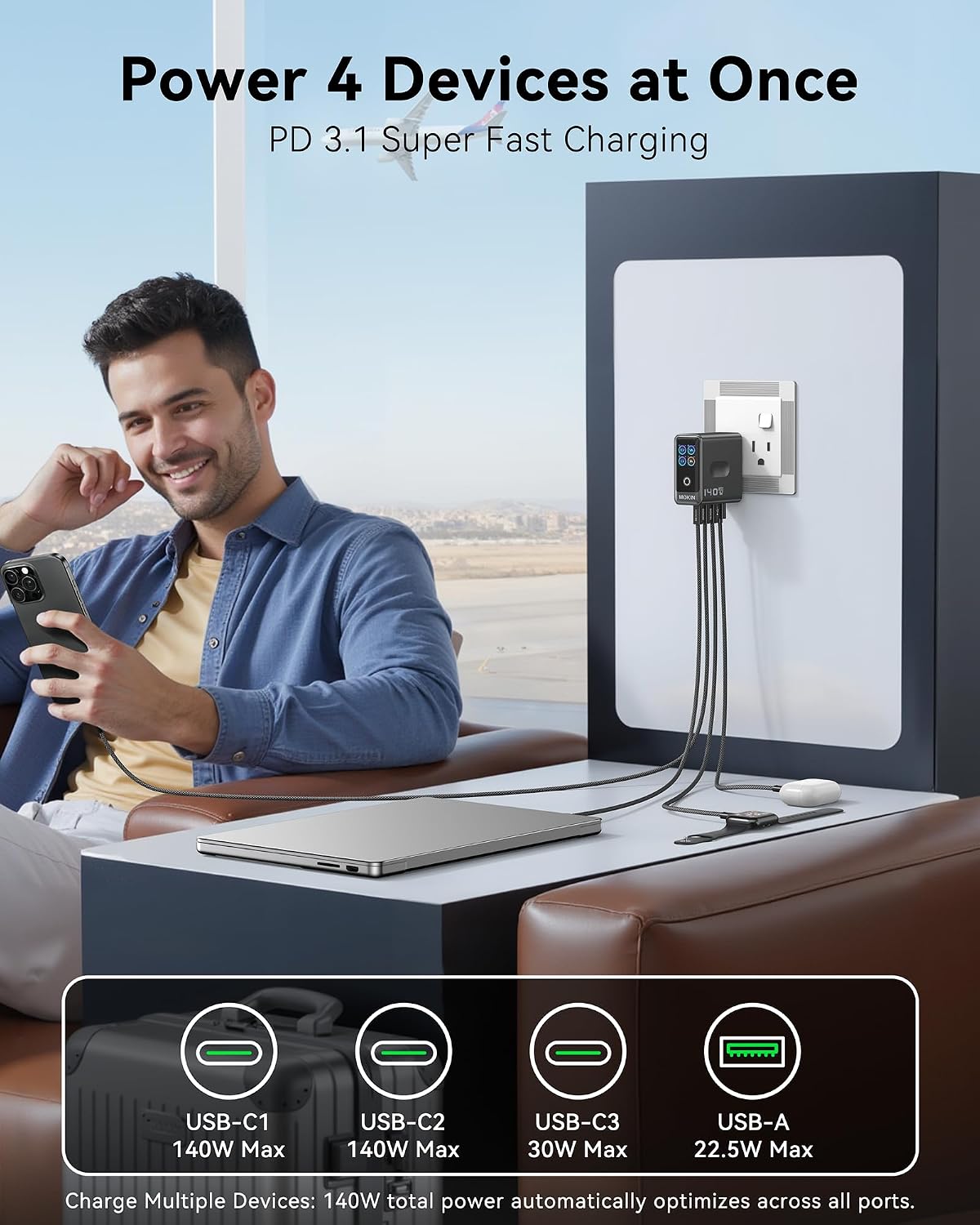 MacBook Charger, 140W USB C Charger Block, 4-Port GaN PD3.1 PPS, Fast Charging, Laptop Wall Charger Power Adapter, Touch Screen Smart Display for MacBook Pro/Air, iPhone iPad