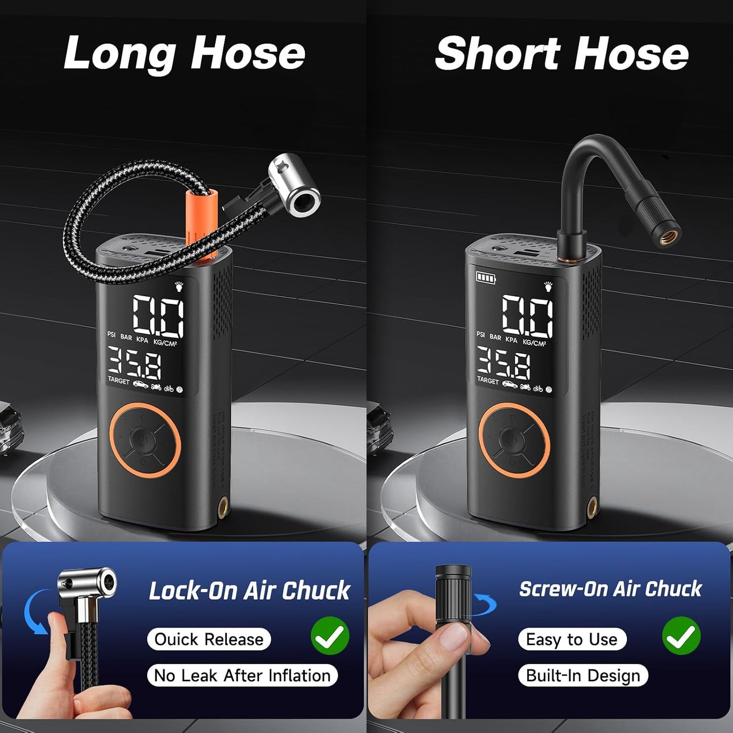 OlarHike Tire Inflator Portable Air Compressor,Cordless Electric Bike Pump | Smart Dual Hose System,Auto Stop Air Pump for Car Tires,Bicycles,Motorcycles with LED Light & Digital Pressure Gauge