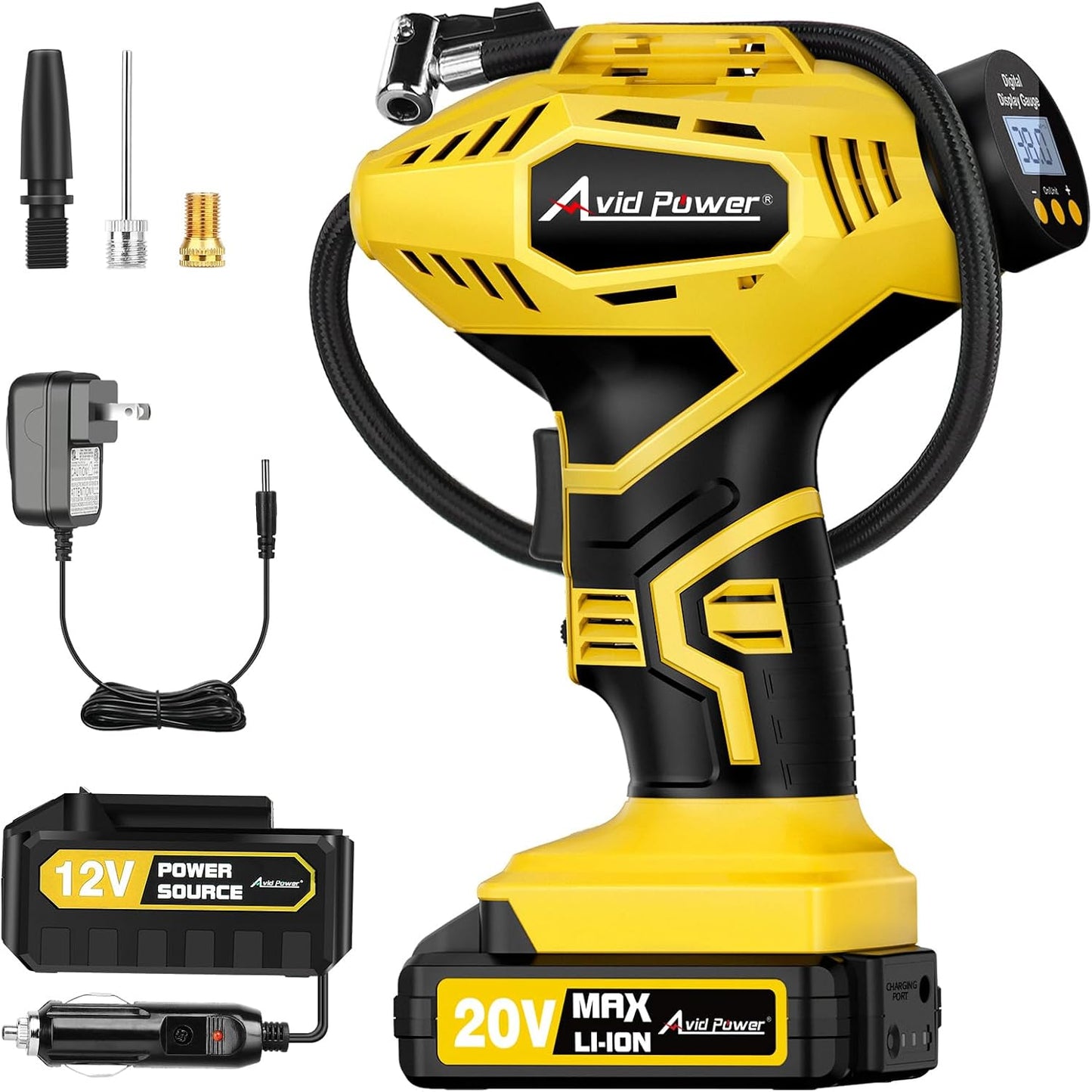 AVID POWER 20V Rechargeable Cordless Tire Inflator Portable Air Compressor | Auto Shut-Off, 12V DC Adapter, Air Tire Pump for Car, Bike, Ball, Motorcycle, 30 LPM, Digital Gauge, Yellow, for Emergency