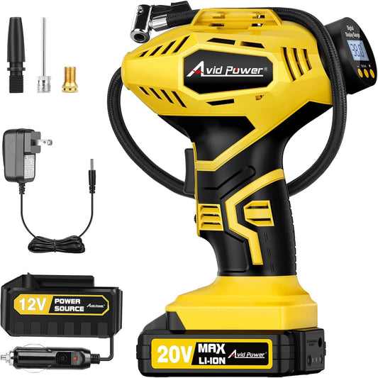 AVID POWER 20V Rechargeable Cordless Tire Inflator Portable Air Compressor | Auto Shut-Off, 12V DC Adapter, Air Tire Pump for Car, Bike, Ball, Motorcycle, 30 LPM, Digital Gauge, Yellow, for Emergency