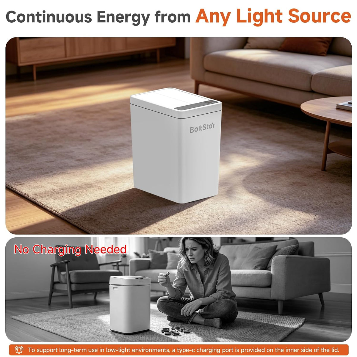 Solar Automatic Trash Can: 4 Gallon Motion Sensor Garbage Can, No Charging Required, Slim Smart Touchless Trash Bin with Lid for Bedroom, Living Room, Bathroom, Office, RV, White