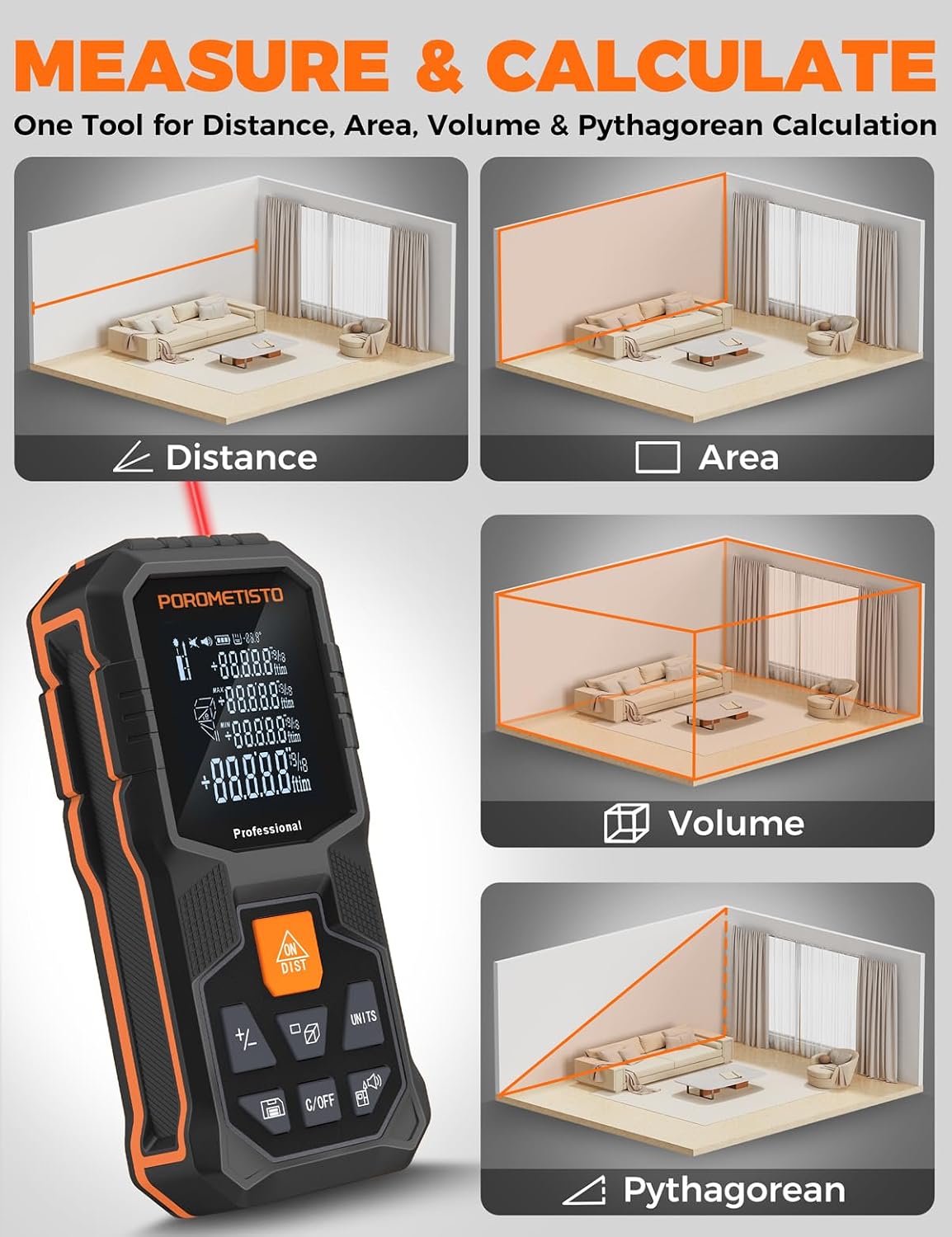 Laser Measure Tool (262ft/80m, ±2mm) with Tripod Mount and Angle Sensor | POROMETISTO 12 Modes（ Angle, Area, Volume, Pythagorean）Handheld Laser Distance meter for Home Construction