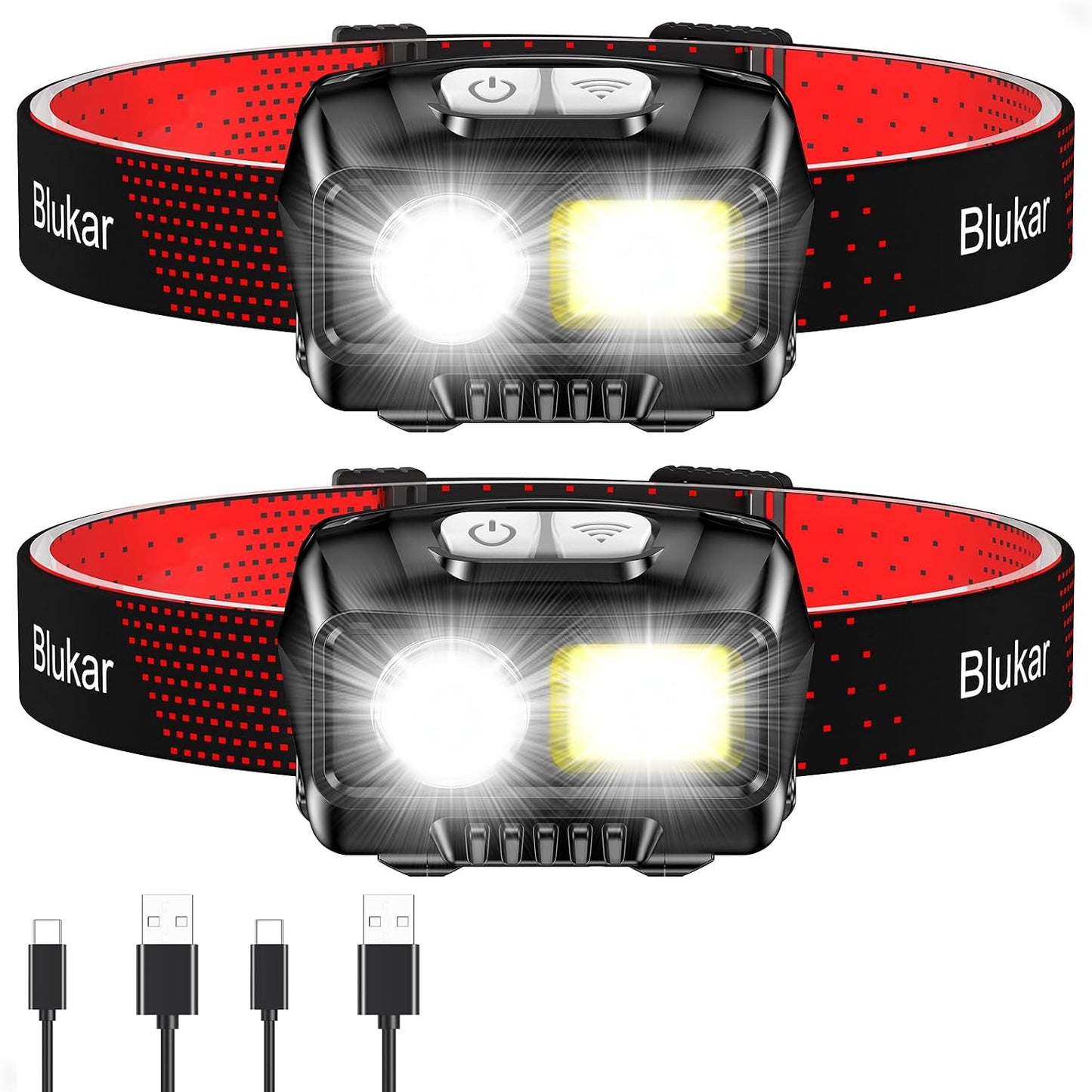 Blukar LED Headlamp Rechargeable, 2000L Super Bright Headlight Flashlight | 8 Modes & Stepless Dimming, Spotlight & Floodlight, Motion Sensor, IPX5 Waterproof for Camping,Hiking,Running,Fishing -2 Pack