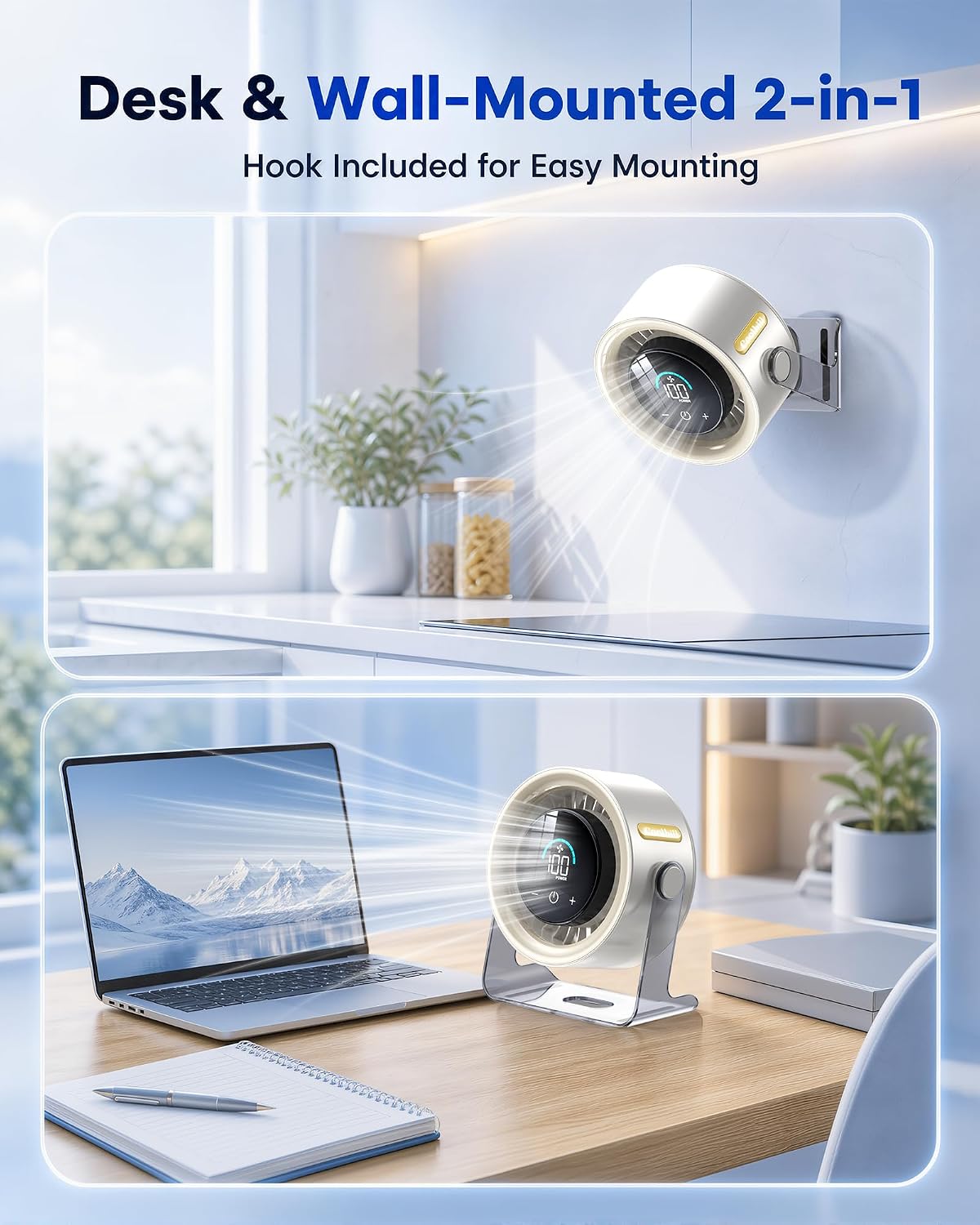 Cordless Wall Mounted Fan, Small Rechargeable Wall Fan for Bedroom and Kitchen, 100 Speeds Quiet Fan with Digital Display, 120° Tilt 2-in-1 Portable Desk Fan for Bunk Bed(White)