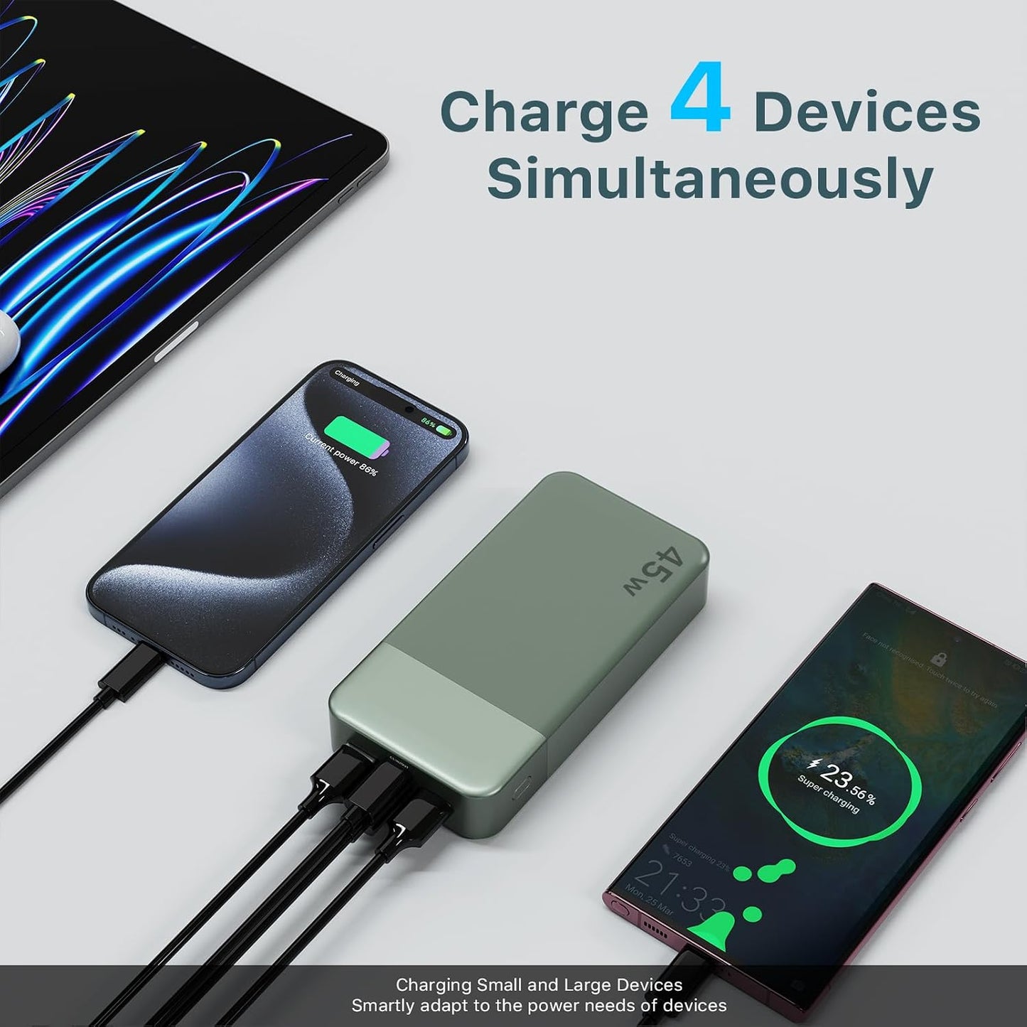 NOBIS Portable Charger 45W 20000mAh Power Bank Fast Charging | 2C+2A Battery Pack with C to C Cable, Battery Bank with Digital Display for iPhone Android Laptop etc