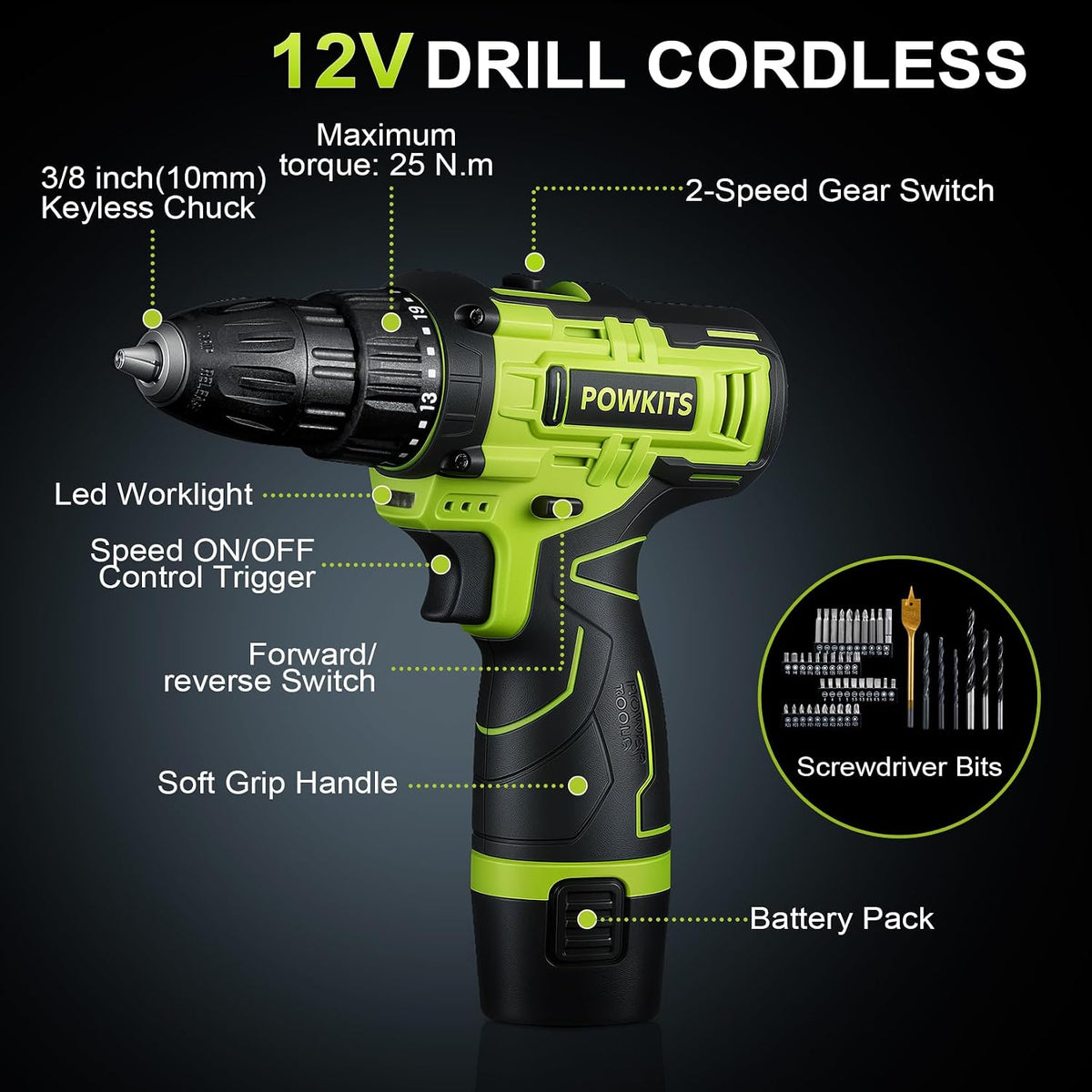 12V Cordless Drill Tool Set, 25+1 Torque Setting, Green Tool Kit for Home | Electric Drill with Battery & Charger, 2-Speed Power Drill Set for Women & Men, Basic Tool Kit with Drill, 142Pcs