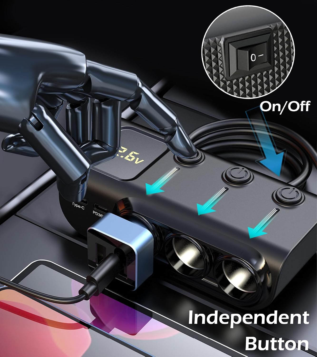 LIHAN 120W Car Splitter, 3 Cigarette Sockets Adapter, 5 USB, PD36W 8-in-1 | Power dashcam, GPS and more with 3 outlets, 5 USB ports, PD36W USB-C fast charging 3.3FT cord ,voltage monitor for RVs,Cars