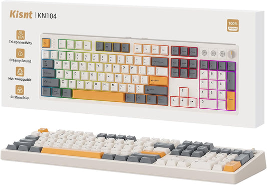 Kisnt KN104 Wireless Mechanical Keyboard for Office& Gaming | 100% Full Size with numpad, Bluetooth/2.4GHz/USB-C, Custom RGB, Hot-Swappable, Knob Control, Creamy Sound with Linear Switch