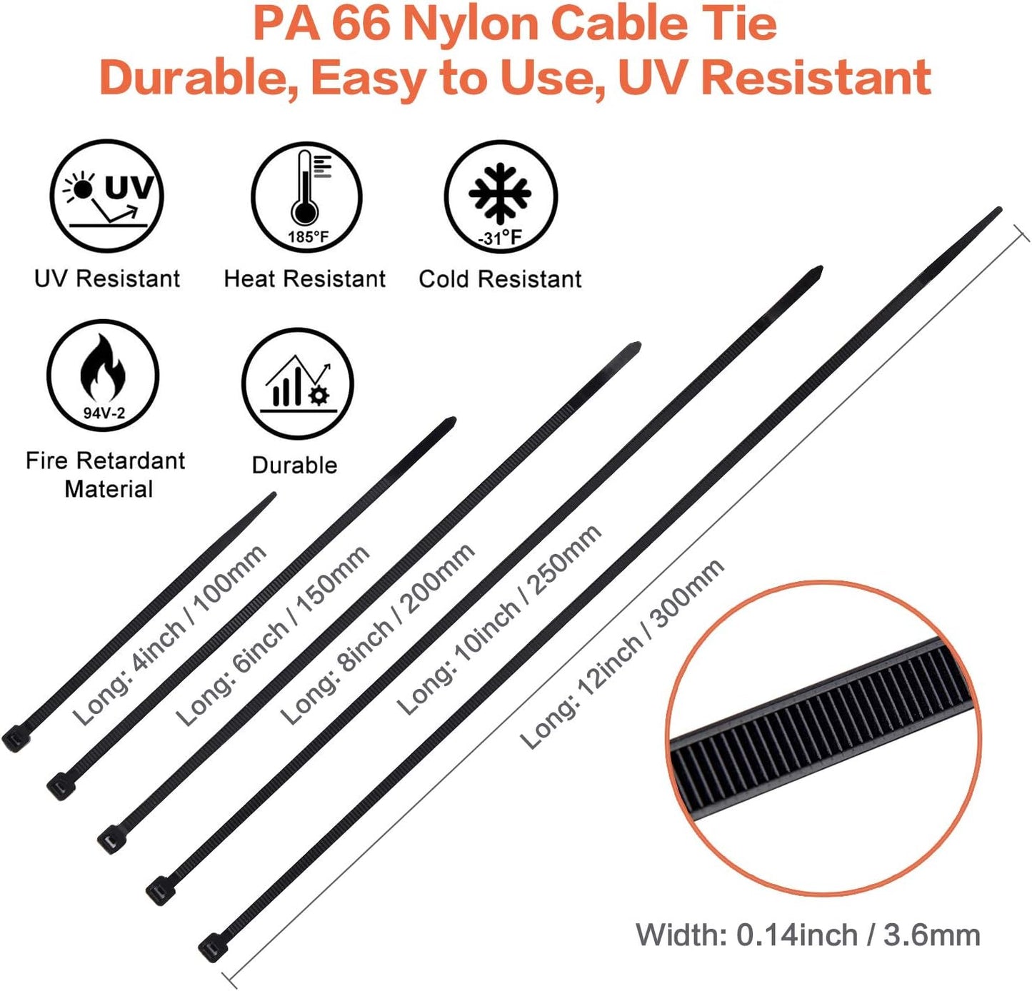 Zip Ties Assorted Sizes 700 Pack 4+6+8+10+12 Inch Cable Ties Heavy Duty 40lbs Plastic Wire Ties UV Resistant Zipties Black Small Zip Tie Wraps Assortment Cord Management for Home, Office, Gardening