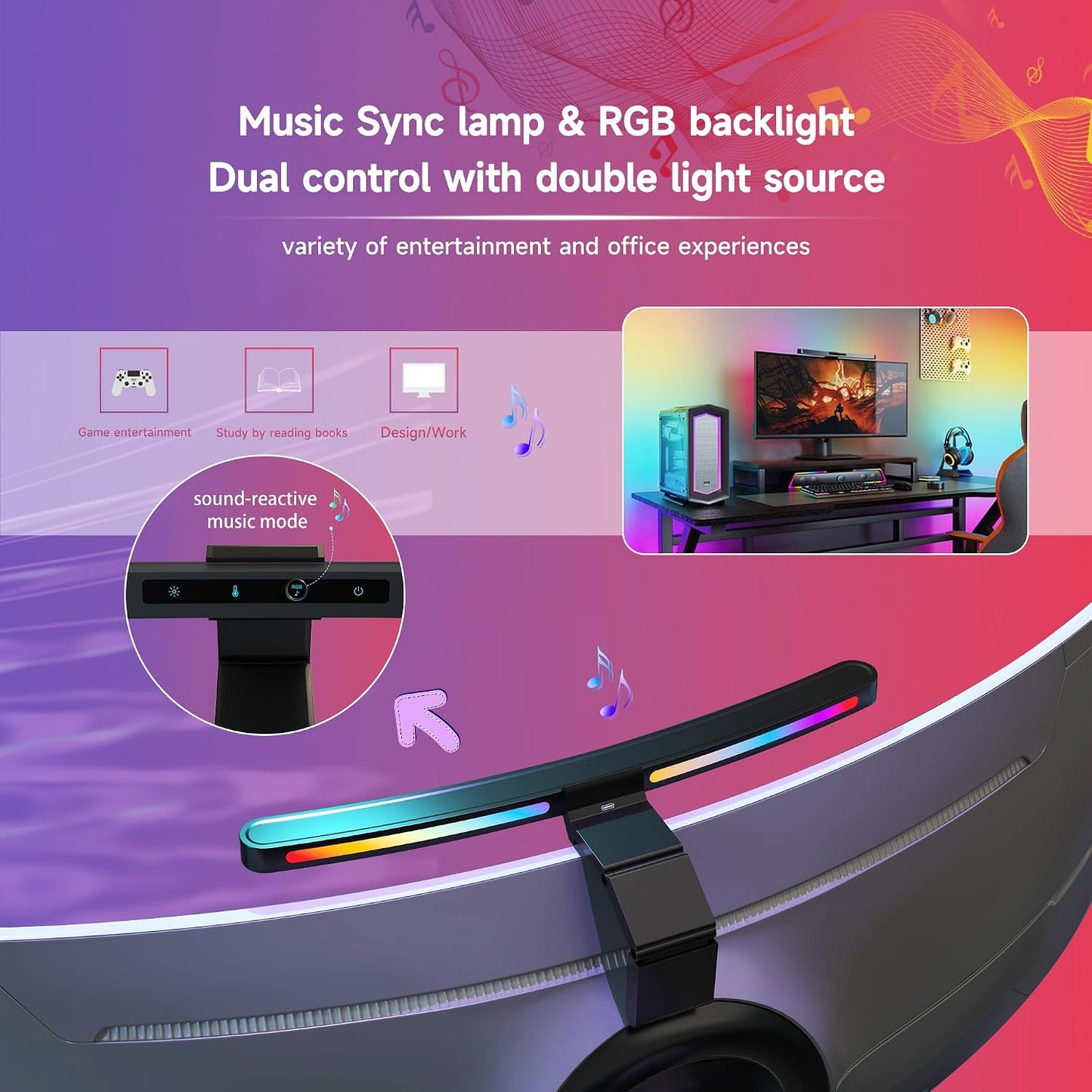 ONWAY Curved Monitor Light Bar with RGB Backlight, Wireless Remote Touch Control, No Glare Lamp with Camera Base for Gaming/Office Computer Setup