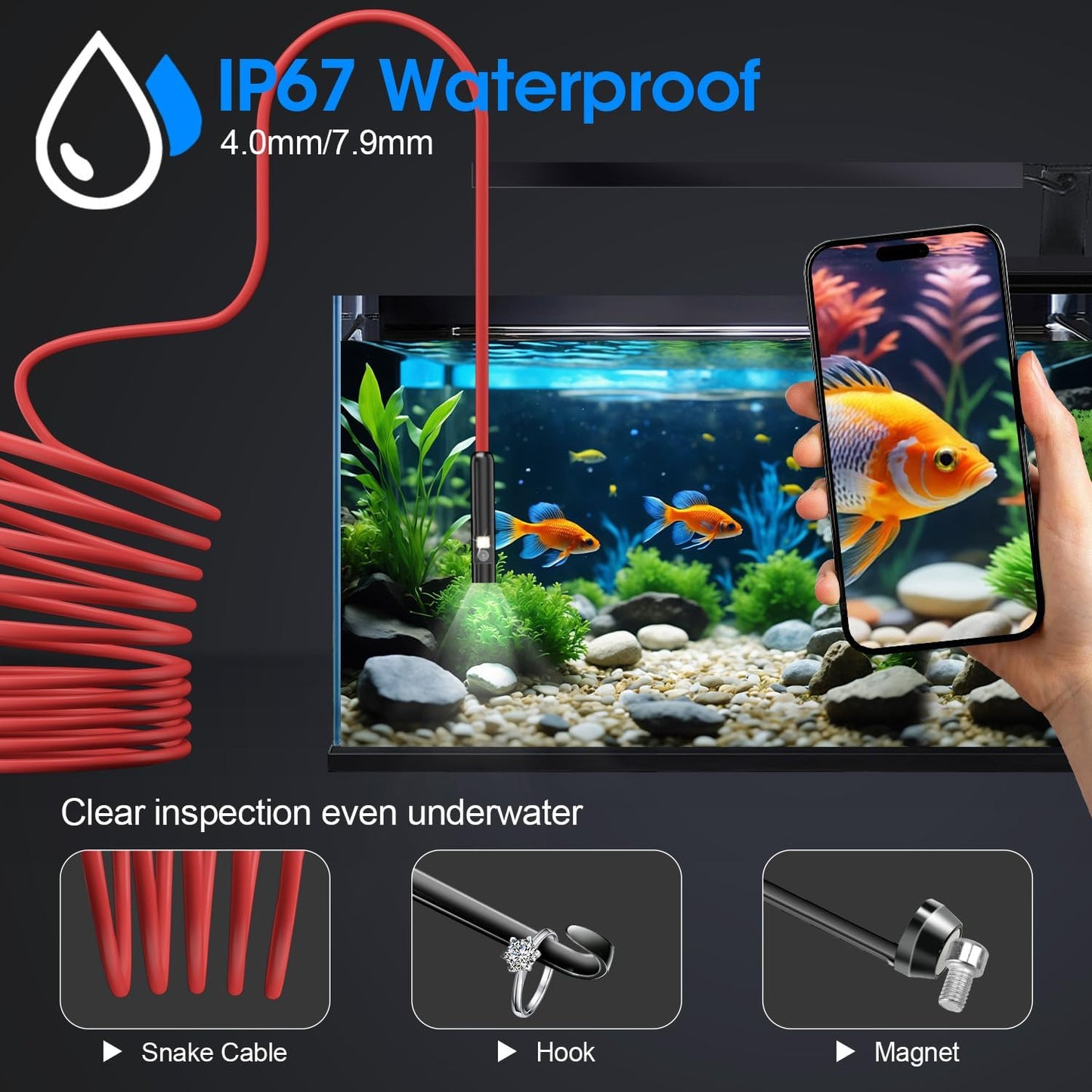 Endoscope with Light, 1920P HD Borescope with 8 Adjustable LED Lights, Semi-Rigid Snake Camera, IP67 Waterproof Inspection Tool (9.8ft, Red Harness + Dual Lens)