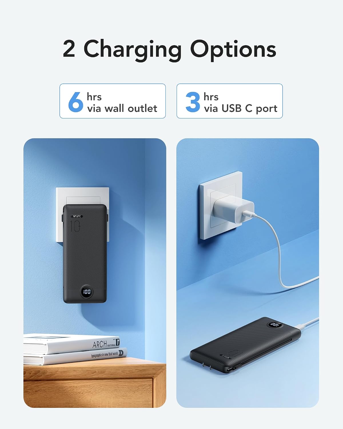 VRURC 10000mAh 22.5W Portable Charger, AC Plug & Built-in Cables,Black | Slim battery pack ,PD 20W fast charging, for business travel,compatible with iPhone & Samsung