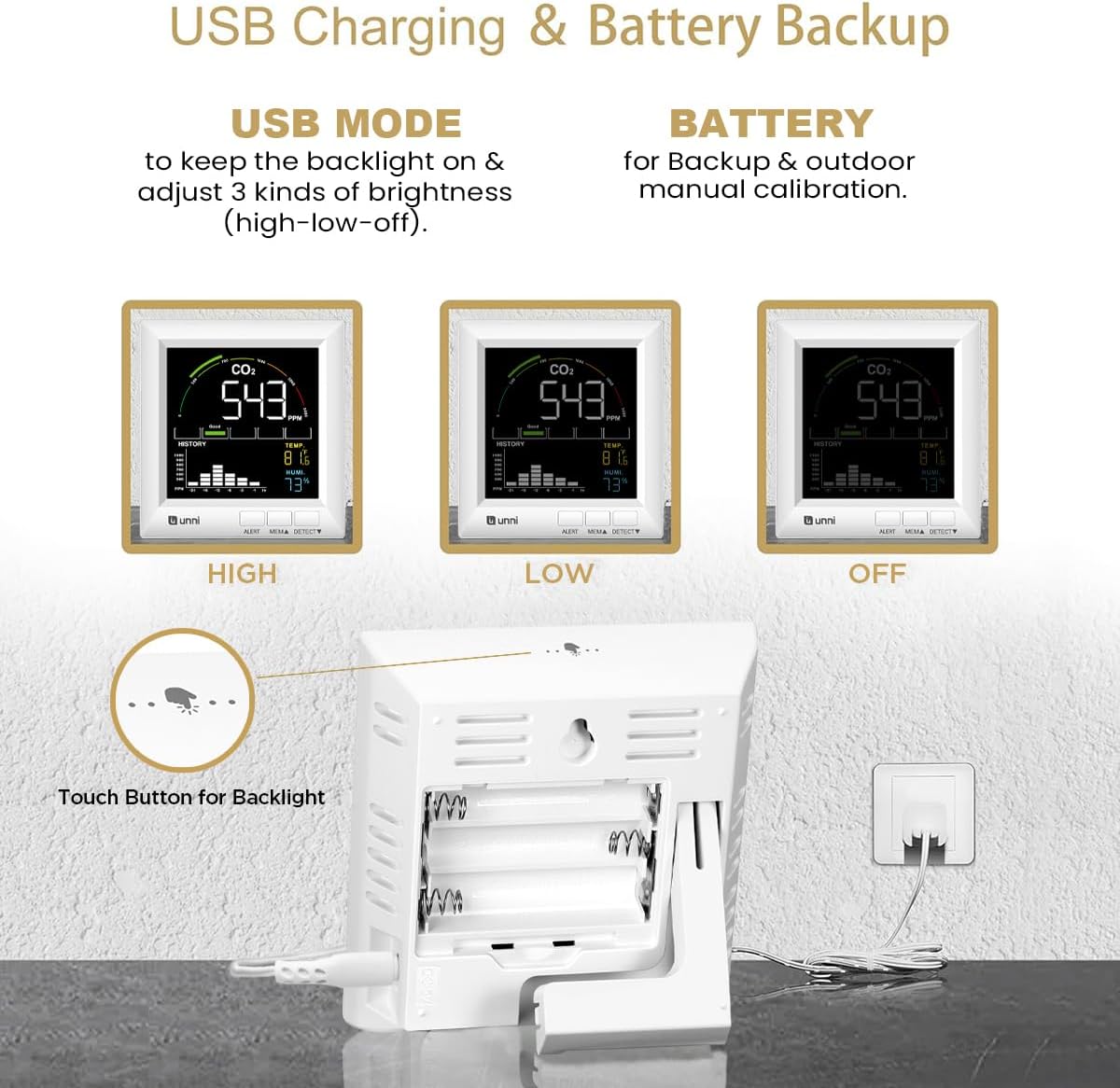 U UNNI CO2 Monitor for Home, 3 Adjustable Volume for Alerts & 3 Adjustable Backlight, Photoacoustic Sensor for Temperature Humidity & Indoor Air Quality Monitor