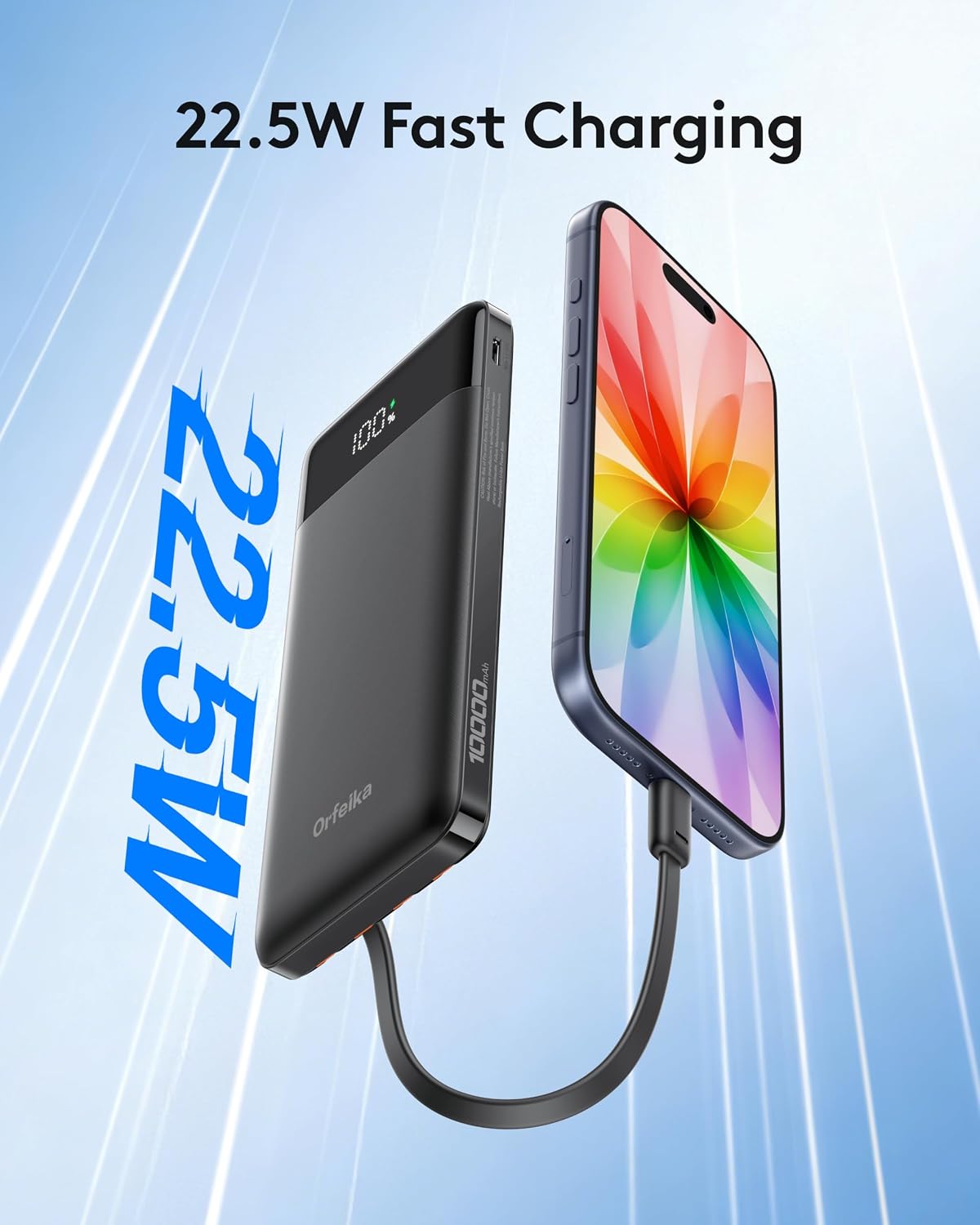 Orfeika Fast Charging Portable Charger Power Bank with Built-in 4 Cables | 10000mAh|Ultra-Slim&Light|Flight-Safe|Power 6 Devices at Once|22.5W|Battery Pack For iPhone,Samsung,Google|Travel Essentials