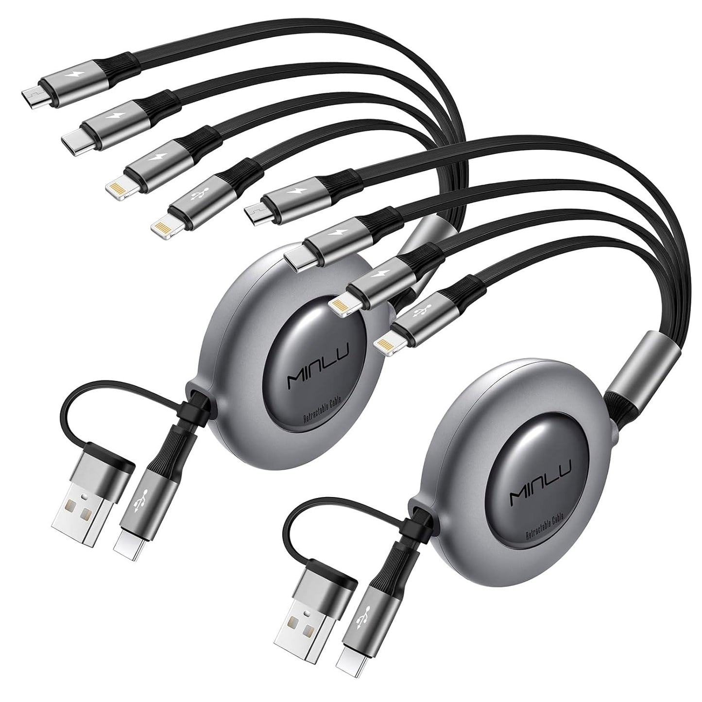 4 in 2 Multi Charging Cable 4A,Retractable USBA/C Universal Charger Cords | Multiple Charging Cord, USBA/C to Type C/L/Micro USB Ports Universal Car Charger for iPhone 17-8/Samsung/Tablets/PS-2Pack 4Ft