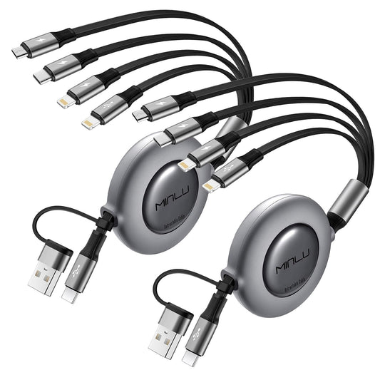 4 in 2 Multi Charging Cable 4A,Retractable USBA/C Universal Charger Cords | Multiple Charging Cord, USBA/C to Type C/L/Micro USB Ports Universal Car Charger for iPhone 17-8/Samsung/Tablets/PS-2Pack 4Ft