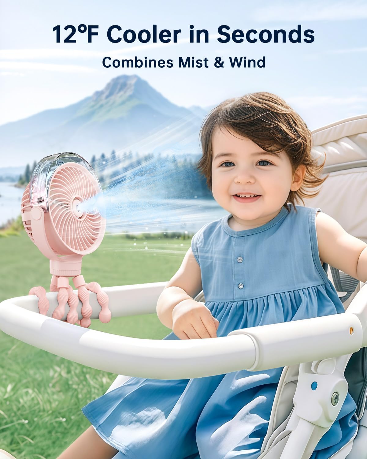SWEETFULL Misting Stroller Fan – Portable Baby Fan with Spray Cooling, 4 Speeds, Quiet Rechargeable Fans for Travel, Outdoor, Golf Cart, Car Seat, Beach (Pink)