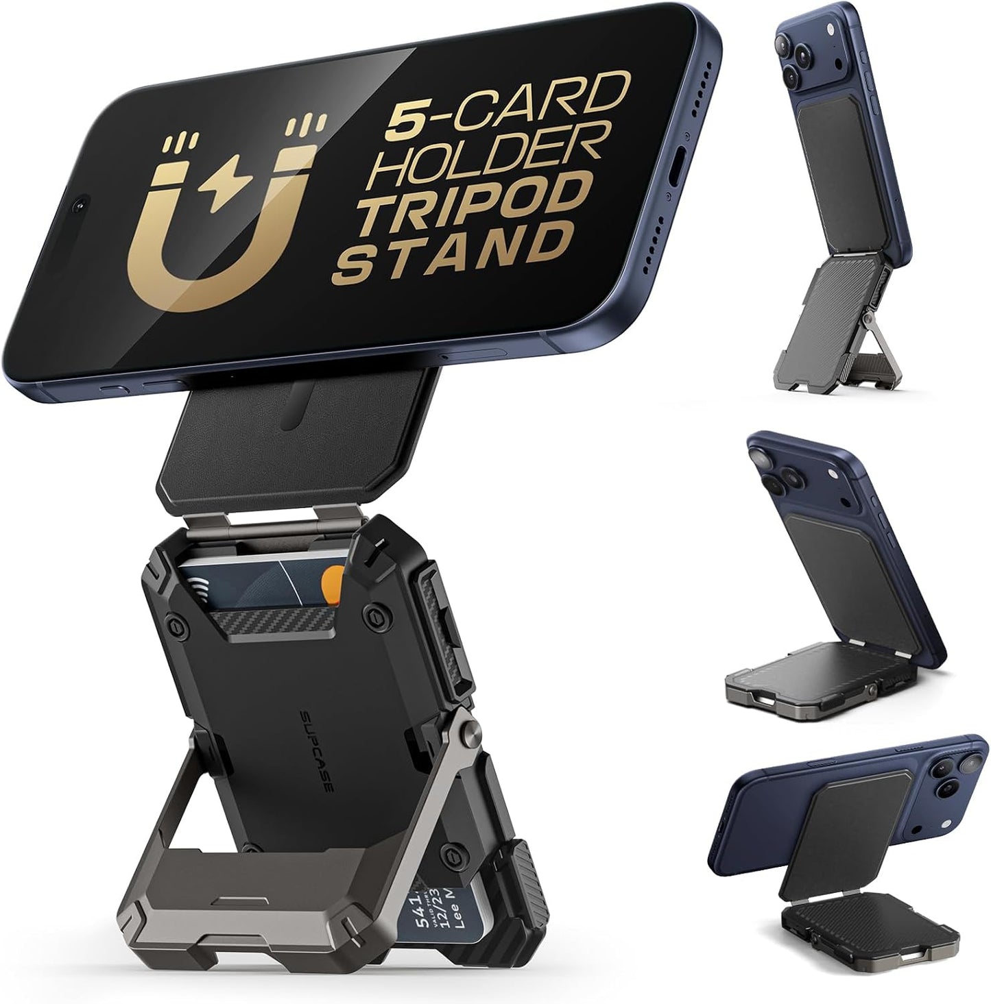 SUPCASE for MagSafe Wallet with Adjustable Stand, Hold 5 Cards, Black | RFID Blocking, Strong Magnetic Lock, Magnetic Wallet for Men, Phone Card Holder Tripod for iPhone 17/16/15/14/13/12 Series