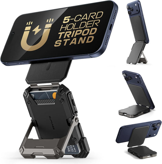 SUPCASE for MagSafe Wallet with Adjustable Stand, Hold 5 Cards, Black | RFID Blocking, Strong Magnetic Lock, Magnetic Wallet for Men, Phone Card Holder Tripod for iPhone 17/16/15/14/13/12 Series